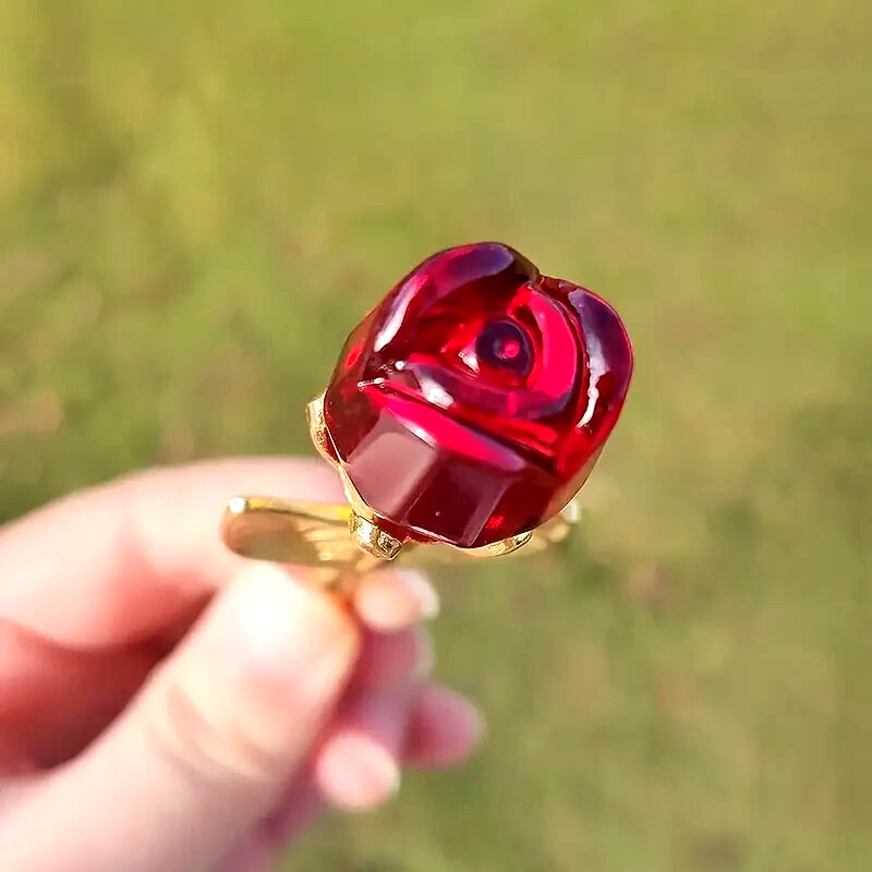 1 pc. Valentine Day Crystal Glass Red Rose Flower w/ Yellow Stem in Golden Box