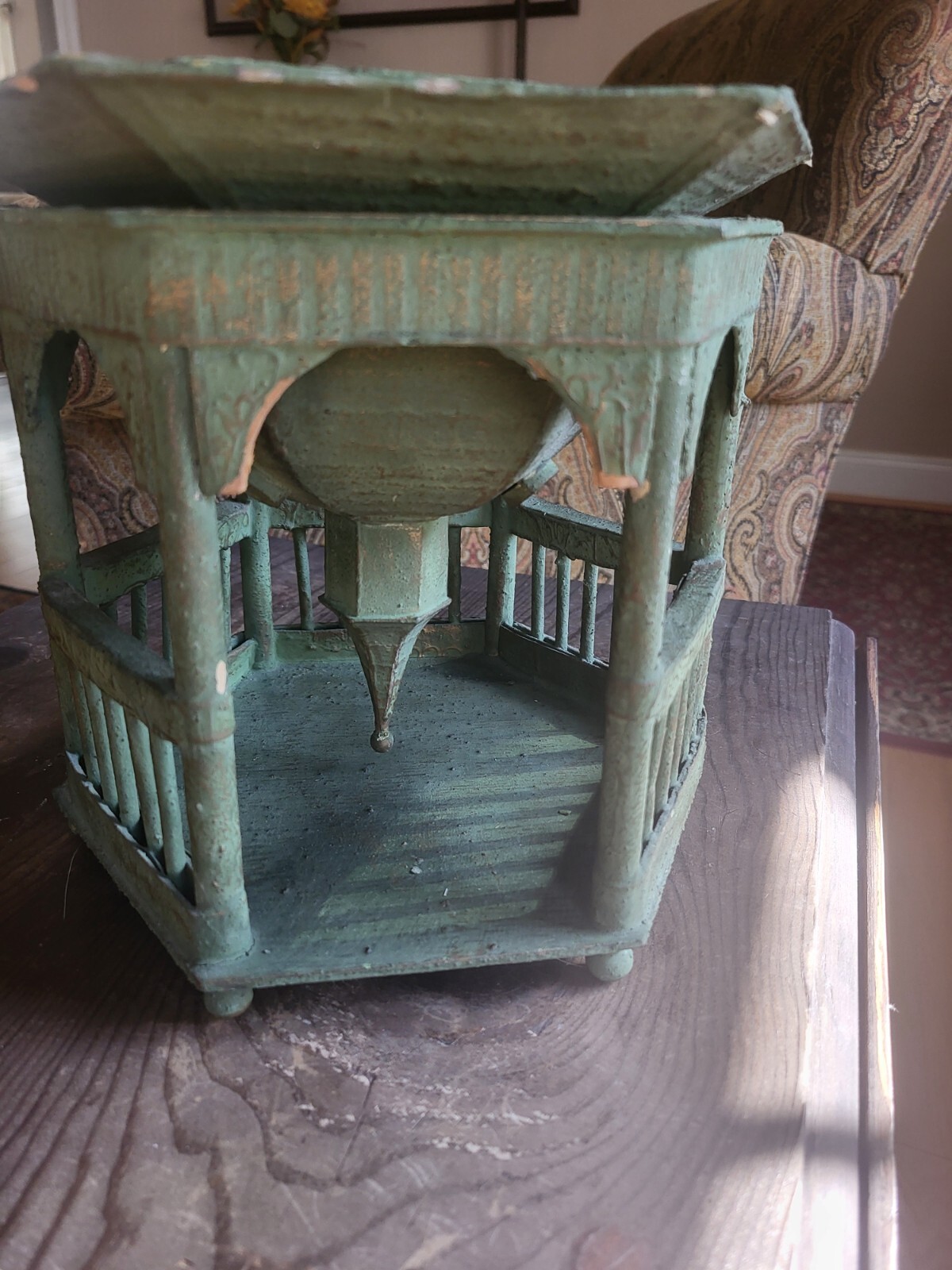 Vintage Decorative Gazebo Style Wooden Green Paper Mache Garden Decor Patina 15″
