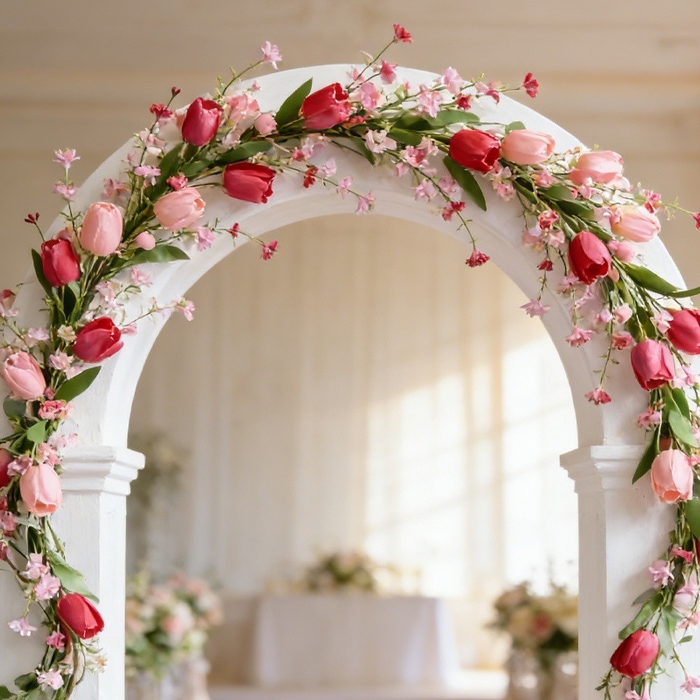 Artificial Tulip and Leaf Vine in Pink for Seasonal Holiday and Party Use