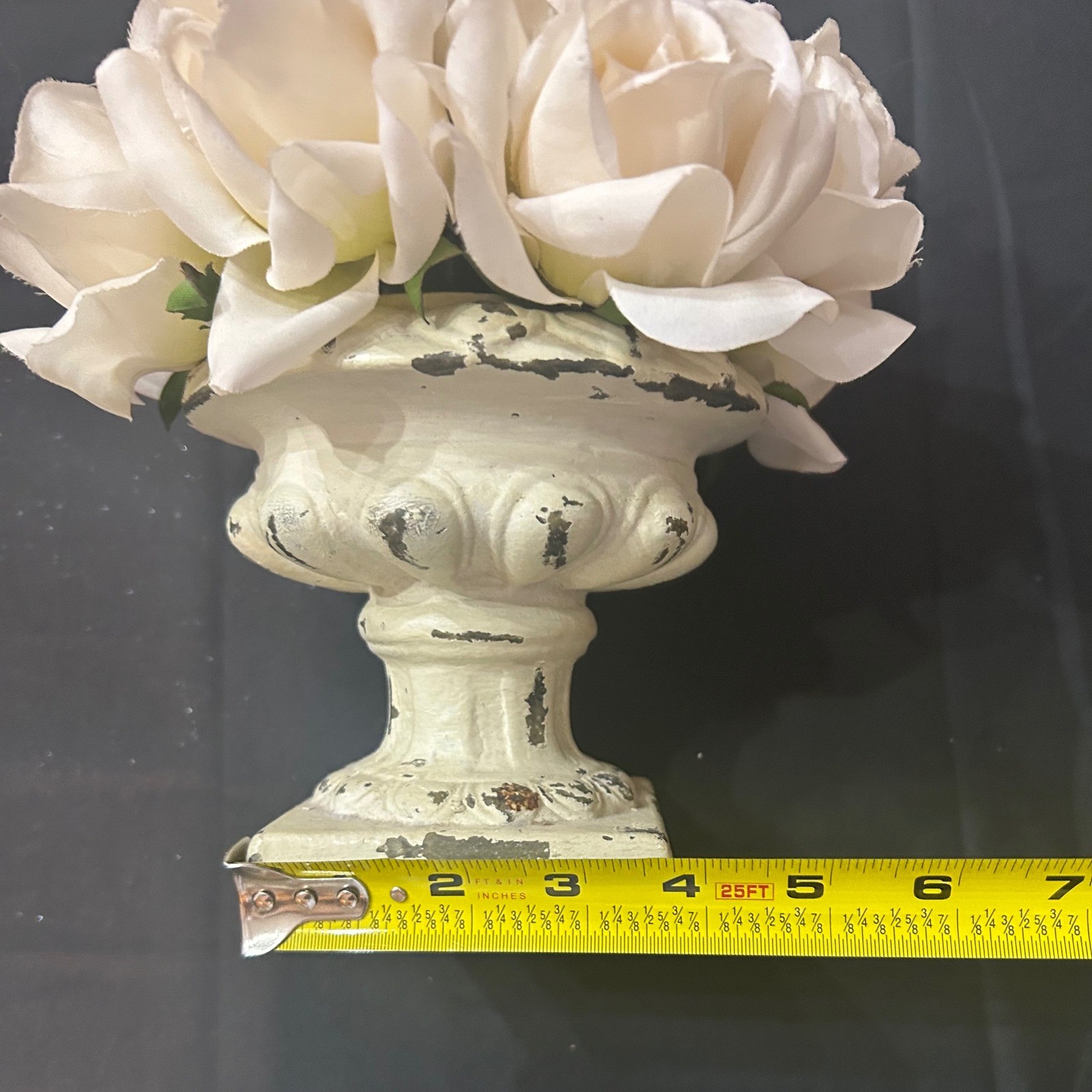 Distressed Cream Urn Planter w/White Faux Roses French Country Floral Home Decor