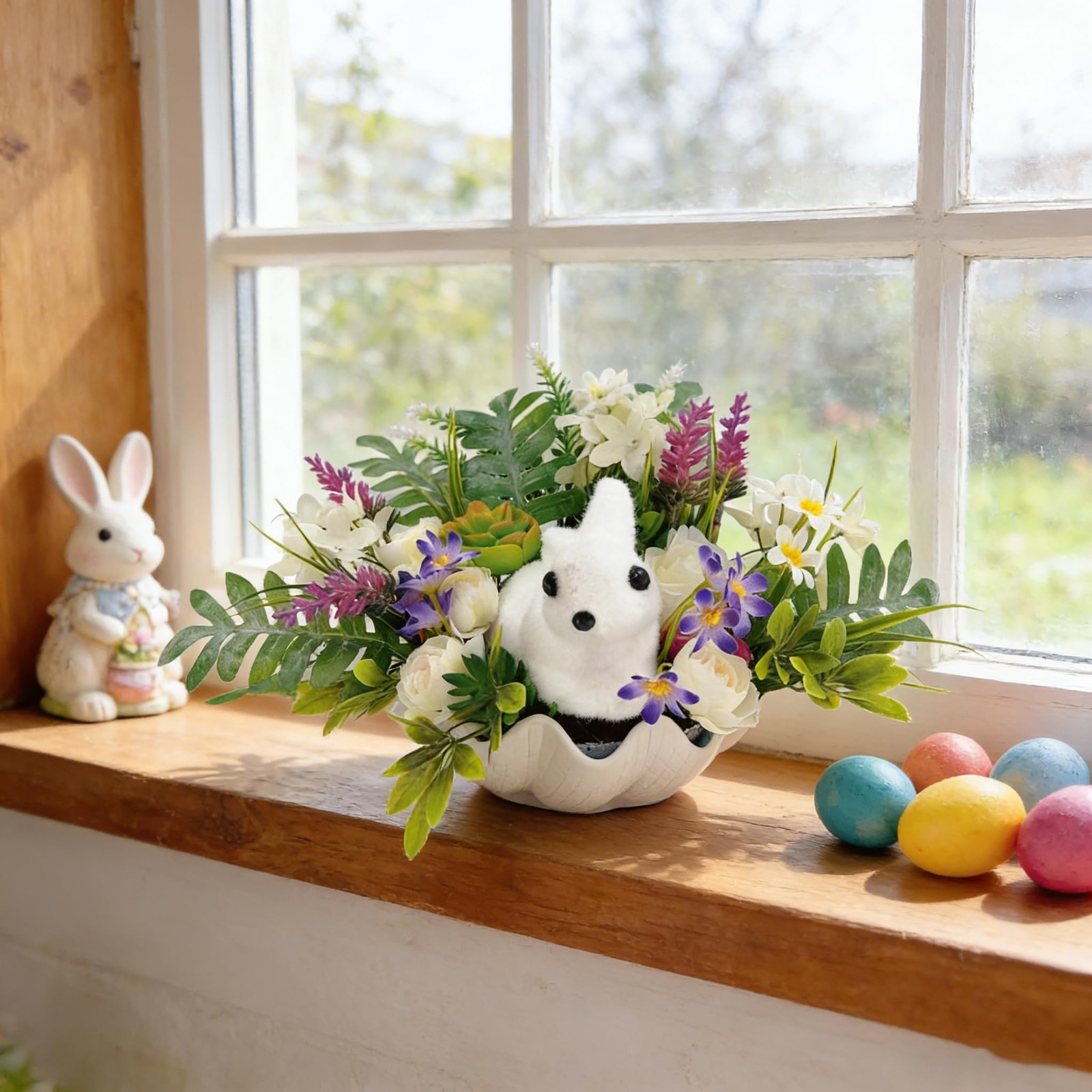 16 Inch Artificial Easter Bunny Floral Arrangement, Plush Bunny Easter Decor,…