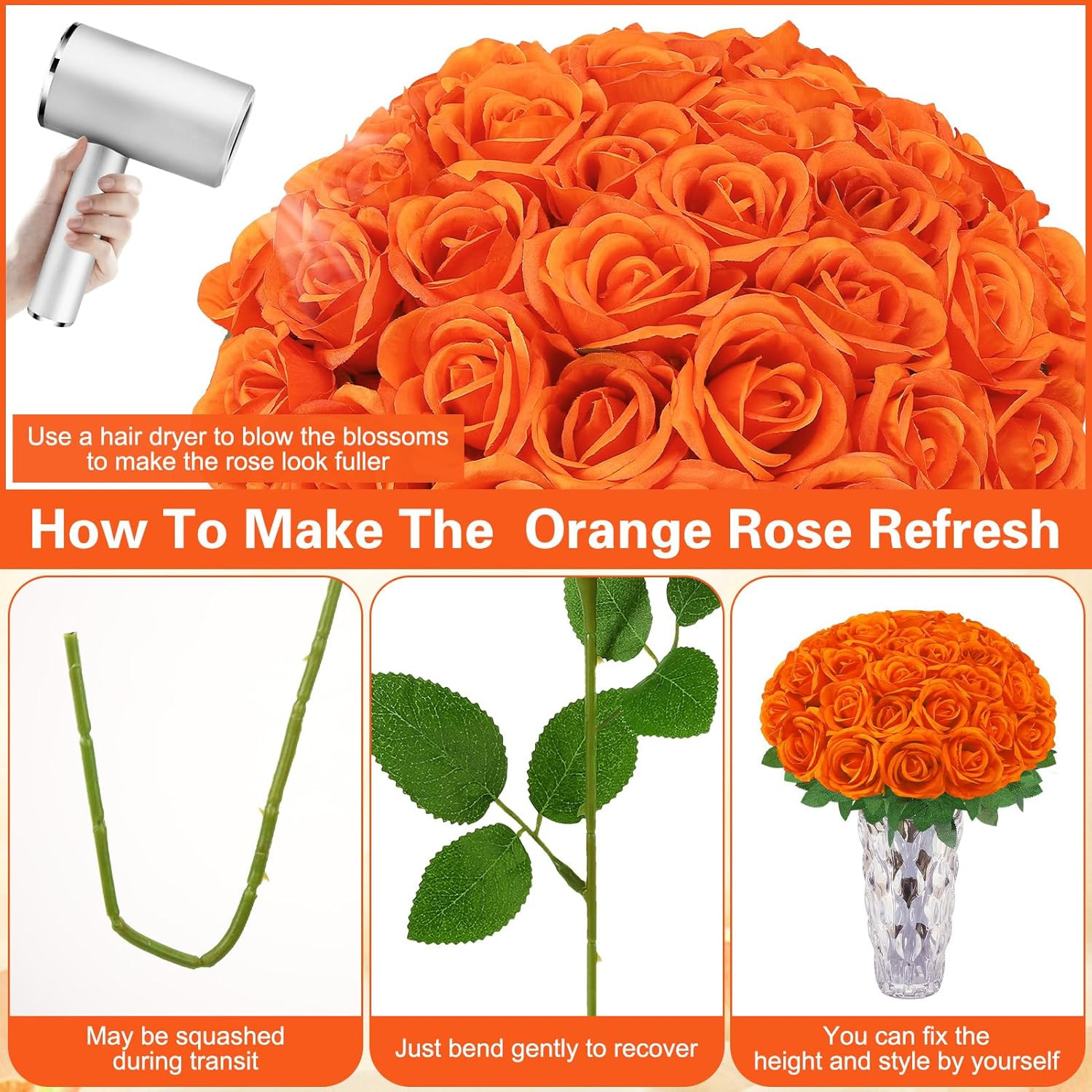 72 Pcs Burnt Orange Silk Roses – Realistic Faux Flowers for Home & Weddings