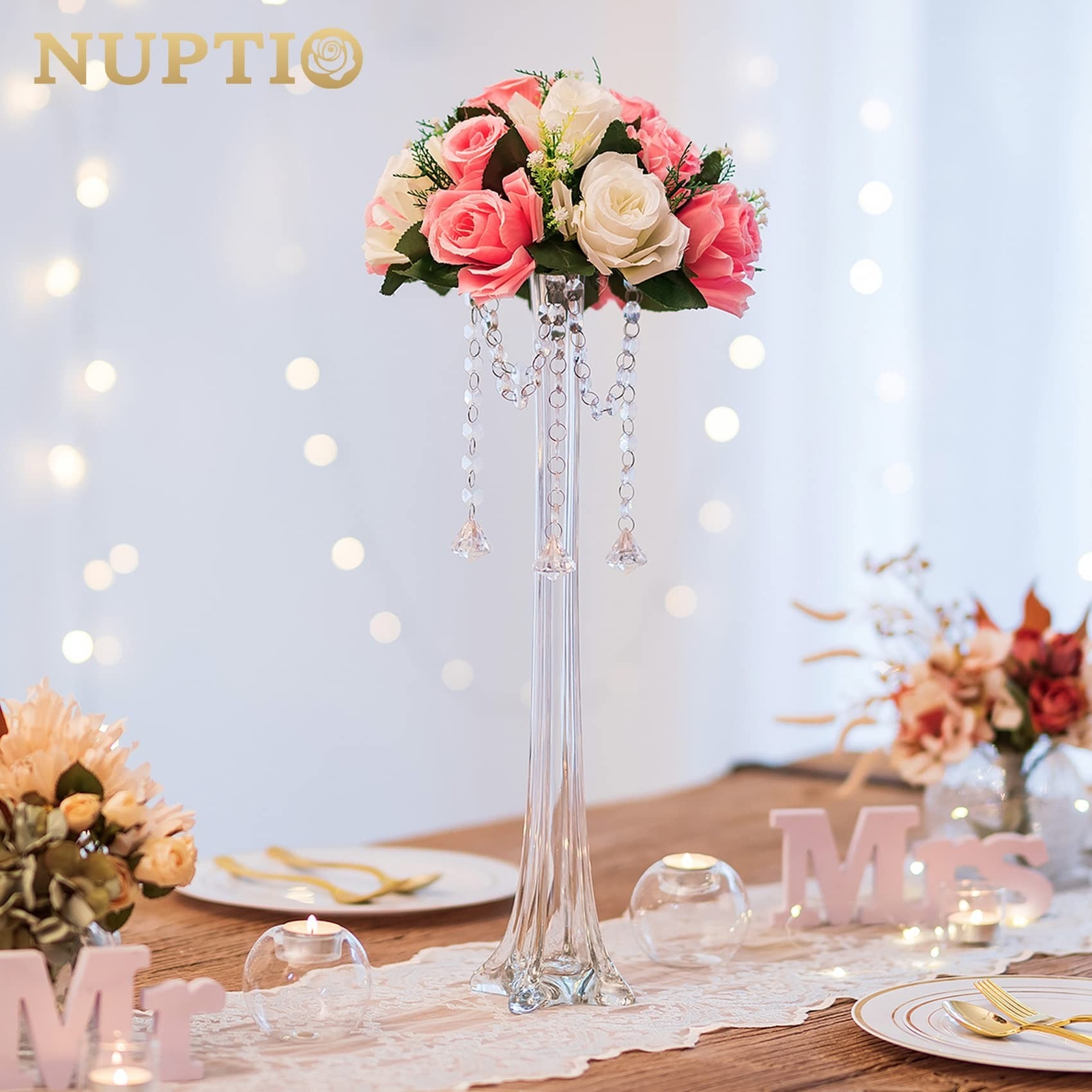 NUPTIO Pcs of 2 Fake Flower Ball Arrangement Bouquet,15 Heads Plastic Roses w…