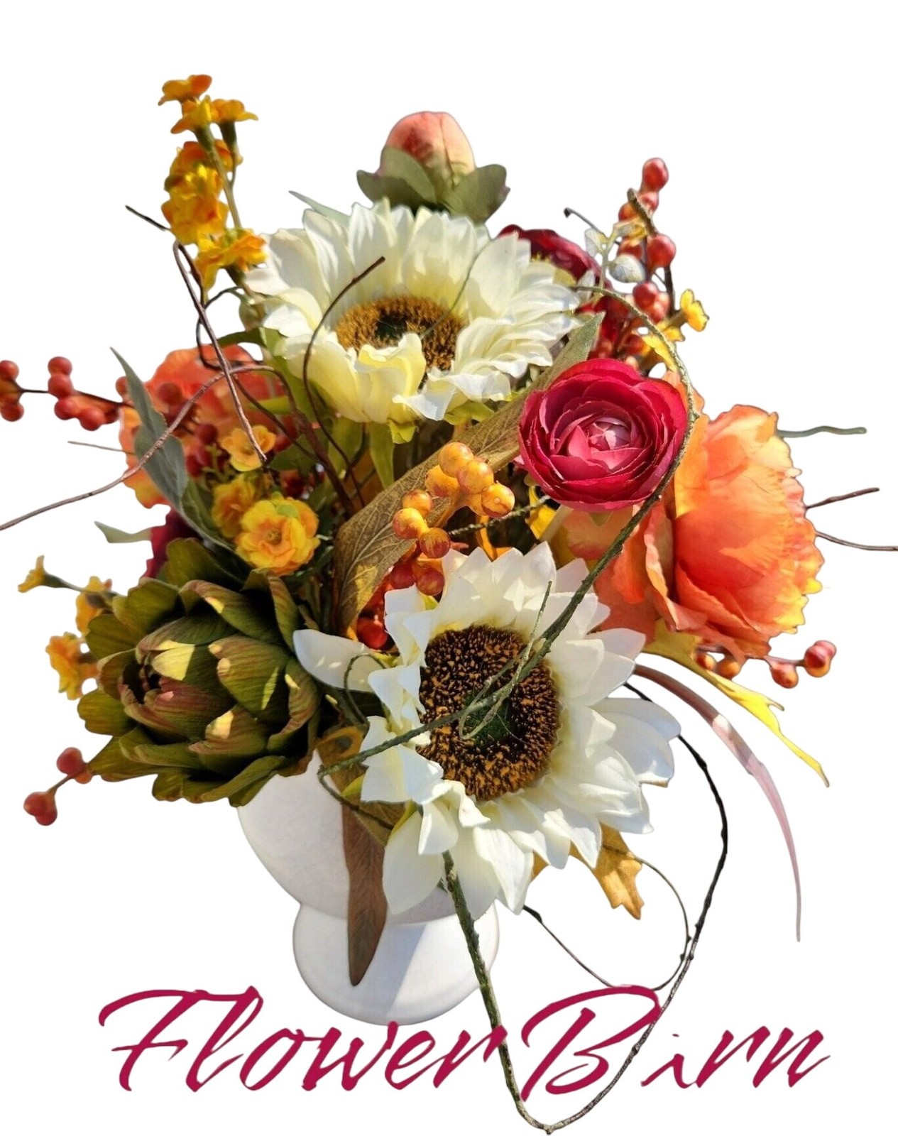 Autumn Artificial Floral Centerpiece With Sunflowers & Ranunculus Arrangement Wh
