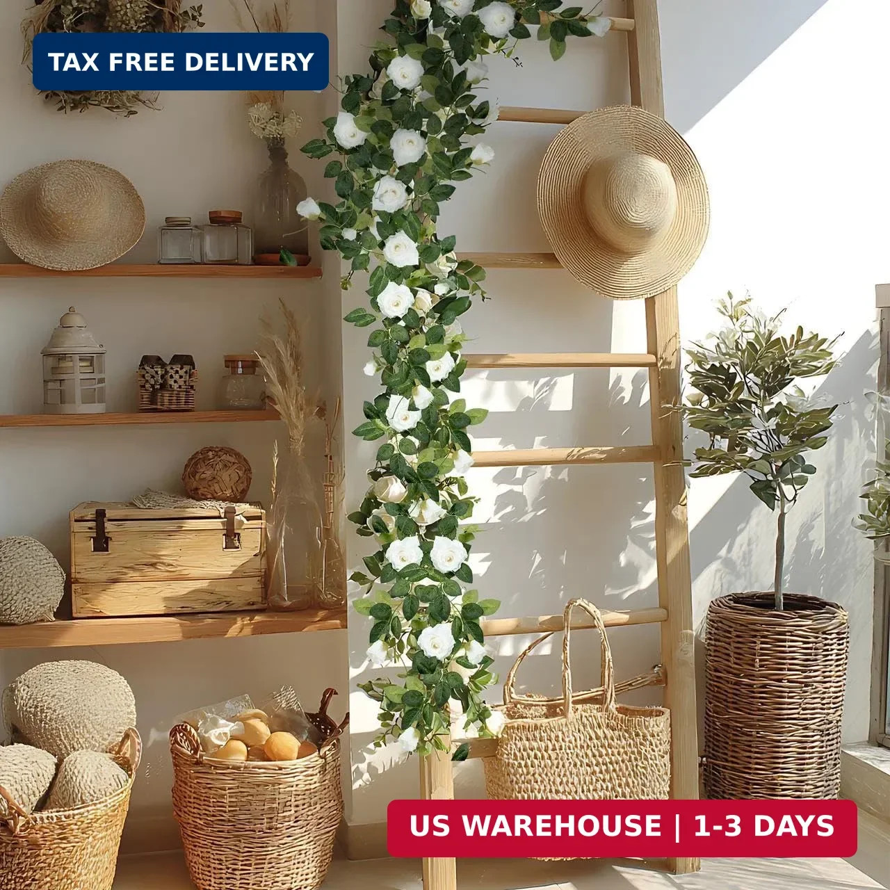 ZIFTY 5Pcs 32.5FT Artificial Rose Vine Fake Flower Garland White Fake Silk Flora