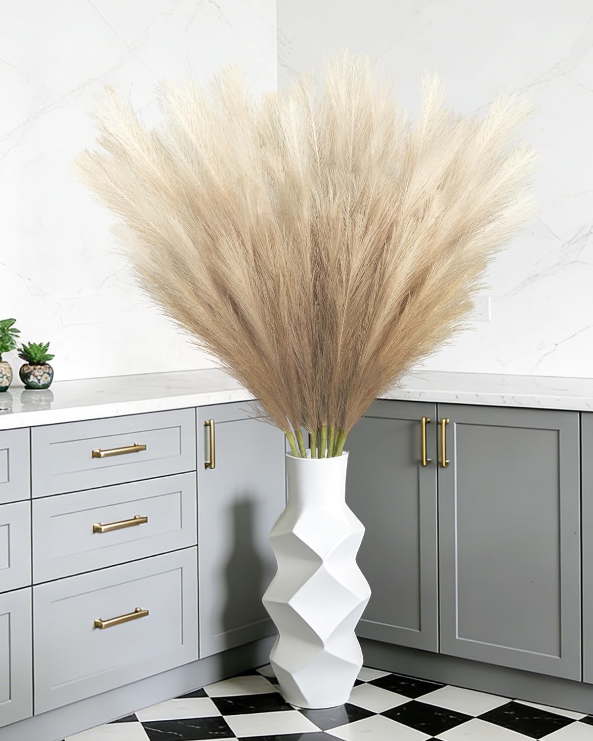 8Pcs Beige Brown Faux Pampas Grass Tall Decor, 35.4” Fluffy Artificial Pompou…