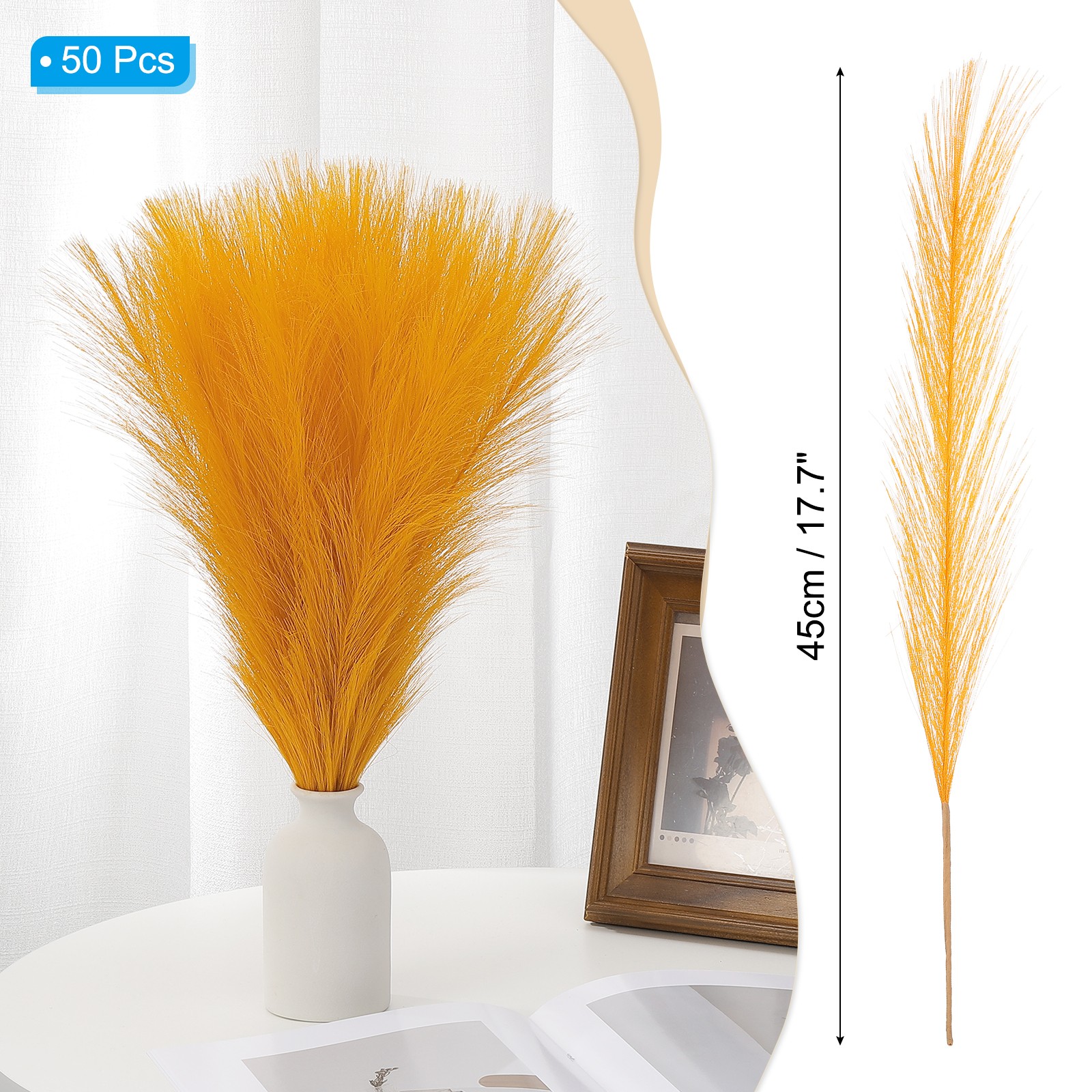 17.7in Pampas Grass Decor, 50pcs Artificial Pampas Grass Bulk, Orange