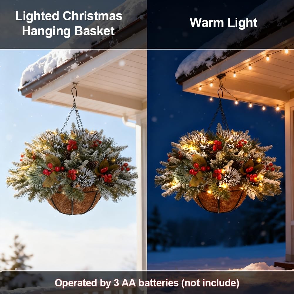 2PCS Artificial Hanging Basket Decorated with Pine Cones,Red Berry,Light up C…