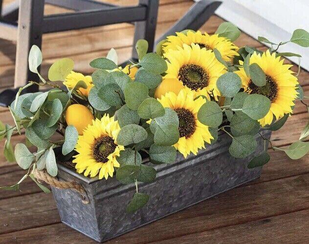 NIB Faux Sunflower, Lemon and Eucalyptus Floral Arrangement in Planter