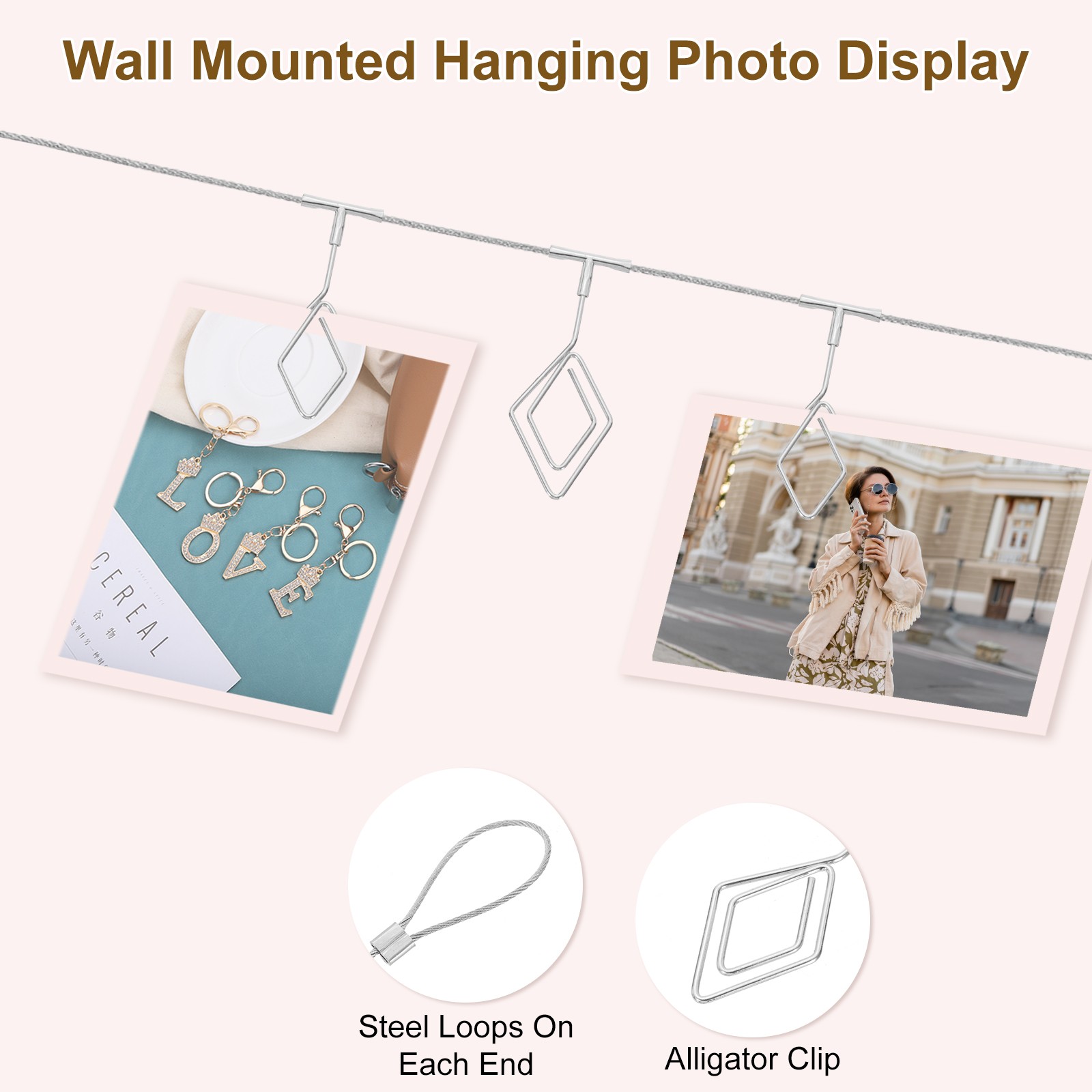 5Ft Wall Hanging Photo Display Cable Wire Rod with 12 Rhombus Clips, Silver