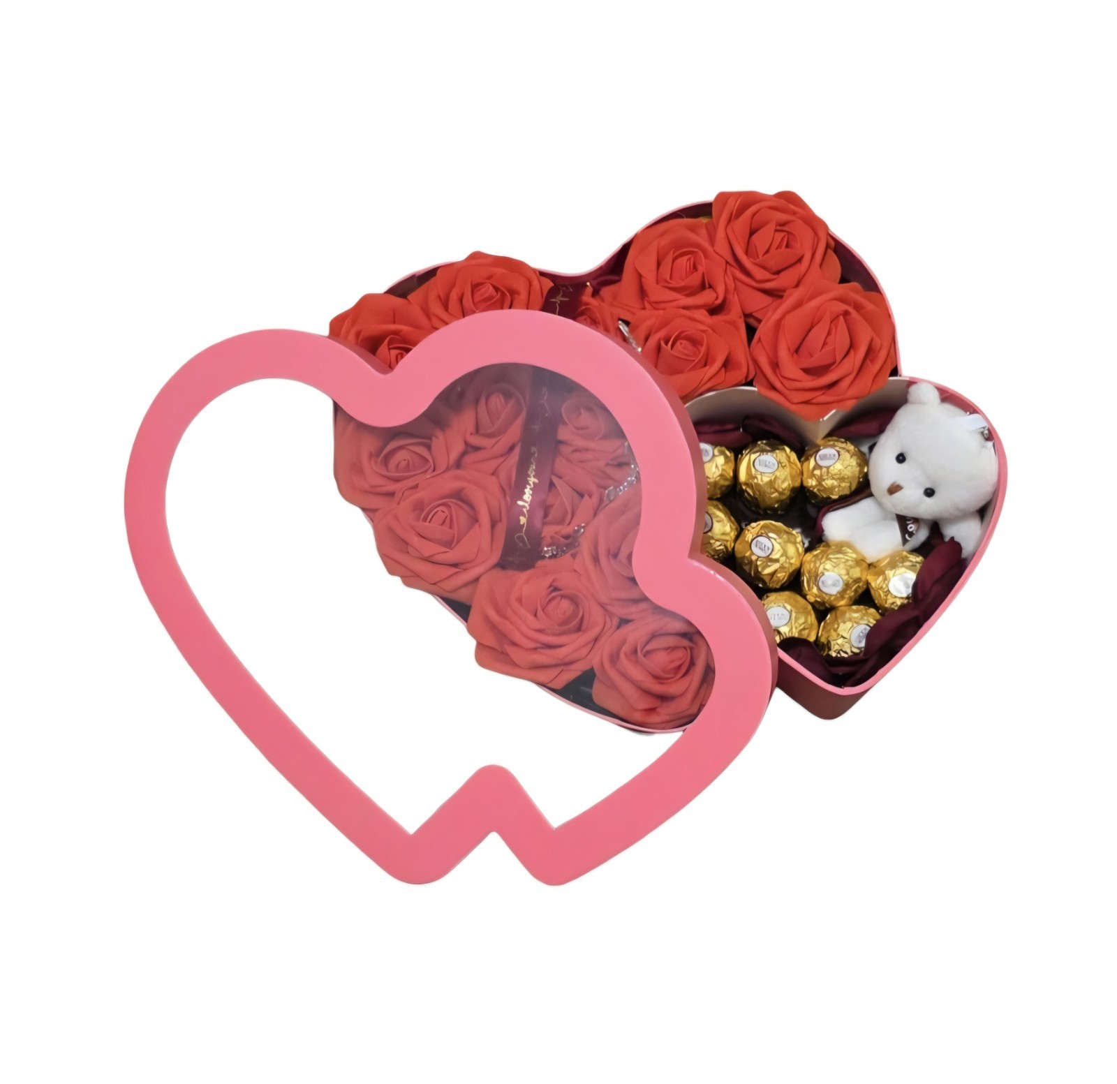 Eternal red flowers with a box in the shape of a pink heart, chocolate/bear.