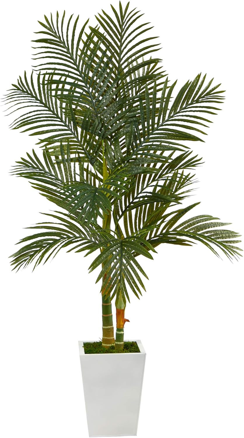 5.5Ft Golden Cane Artificial Palm Tree in Stylish White Metal Planter