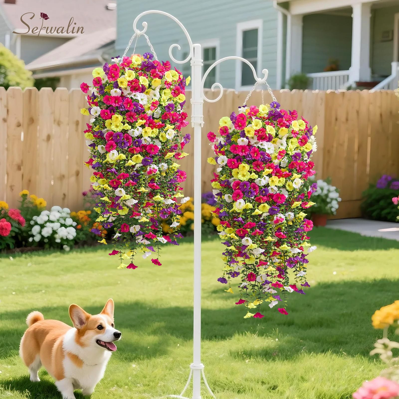 Serwalin Artificial Hanging Flowers for Outdoors UV Resistant, 4PCS Faux Morn…