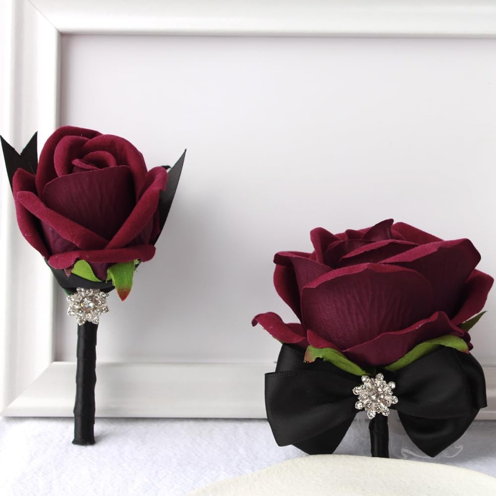 Black Wine Red Rose Wrist Corsage Boutonniere Set Bride Groom Prom 2 PCS