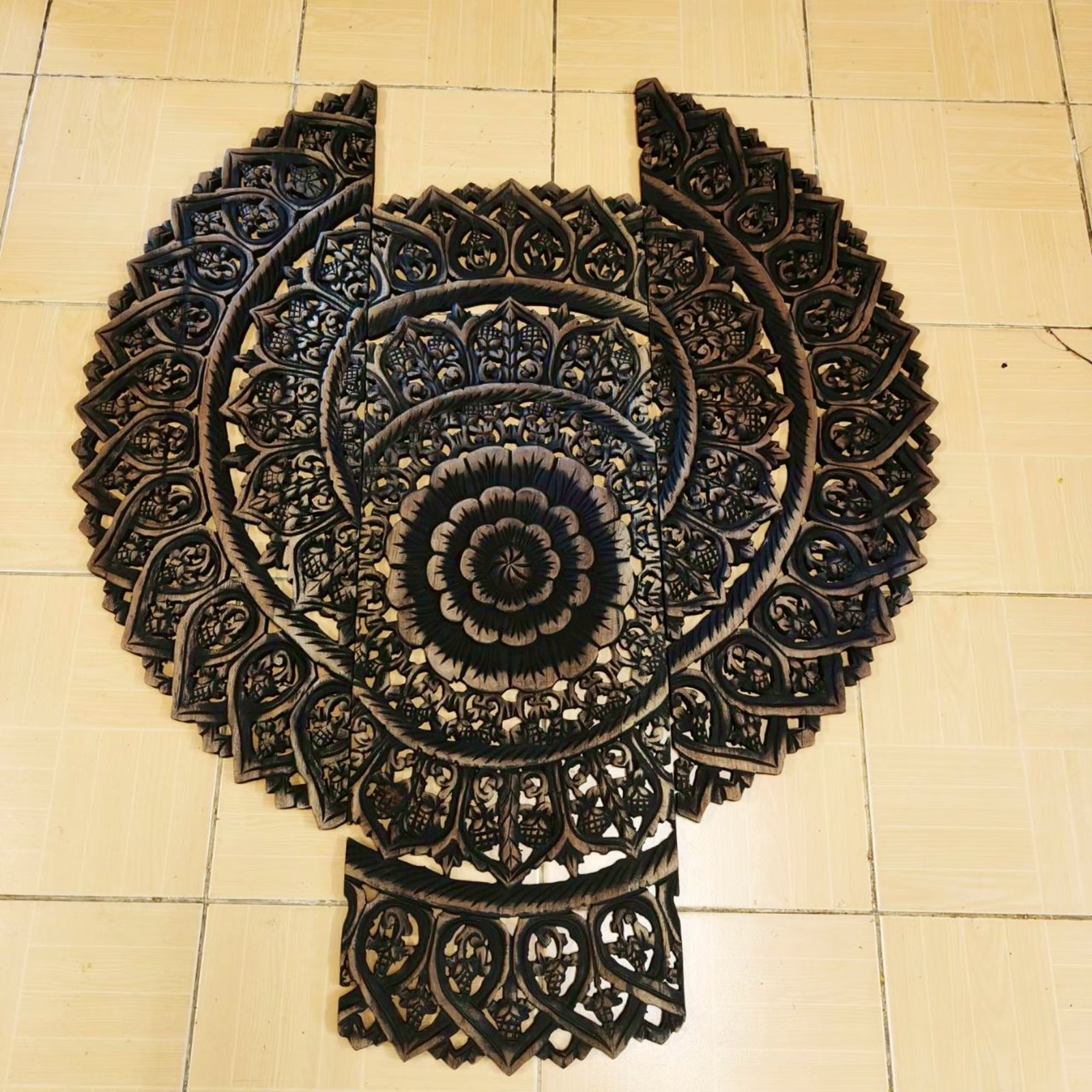 Round Floral Mandala Wood Carving Panel Black 90 cm, 3-Piece Set #B