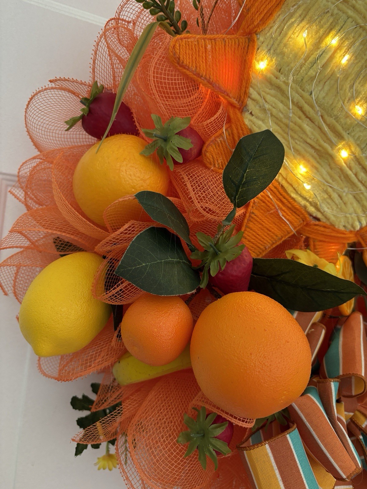 Mixed Fruit, Hanging wreath, Summer/fall. Handcrafted. New. Lights. 24”.