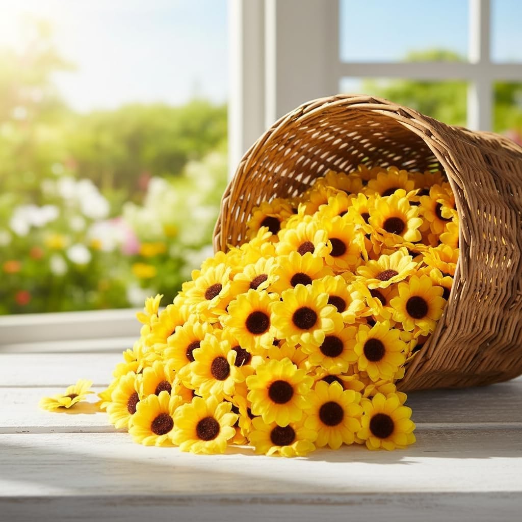 50Pcs Mini Sunflower Flower Heads, Artificial Fabric Flowers for Wreaths Wedd…