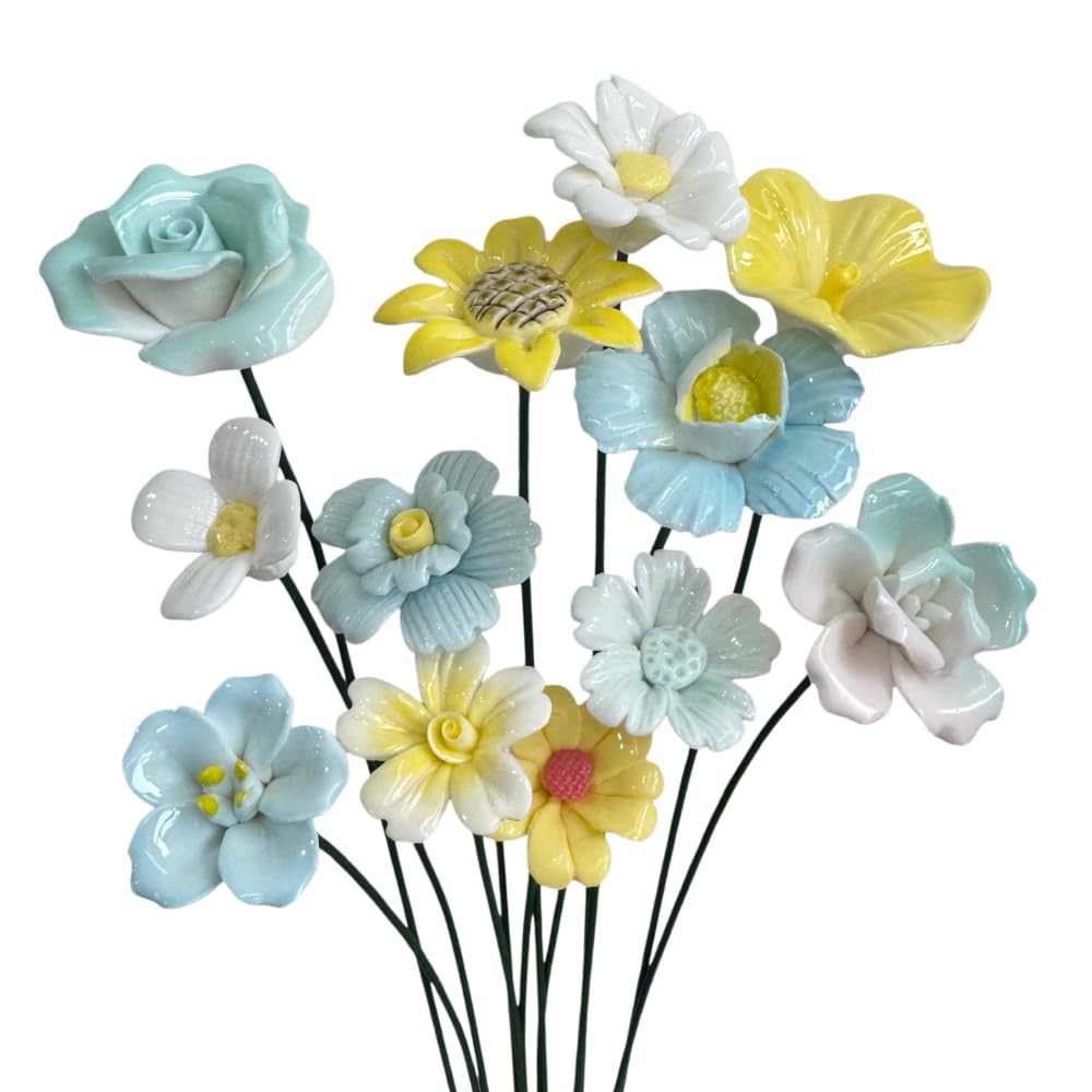 12 Pcs Handmade Ceramic Flowers Decor,Porcelain Flower Plant stakes for Outdo…
