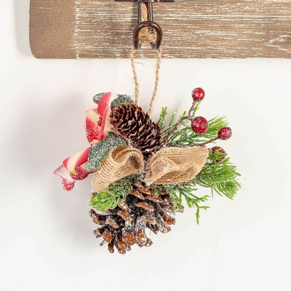 Set of 4 Sparkling Pine Cone 5″ Ornaments with Flower Accent & Burlap Bow