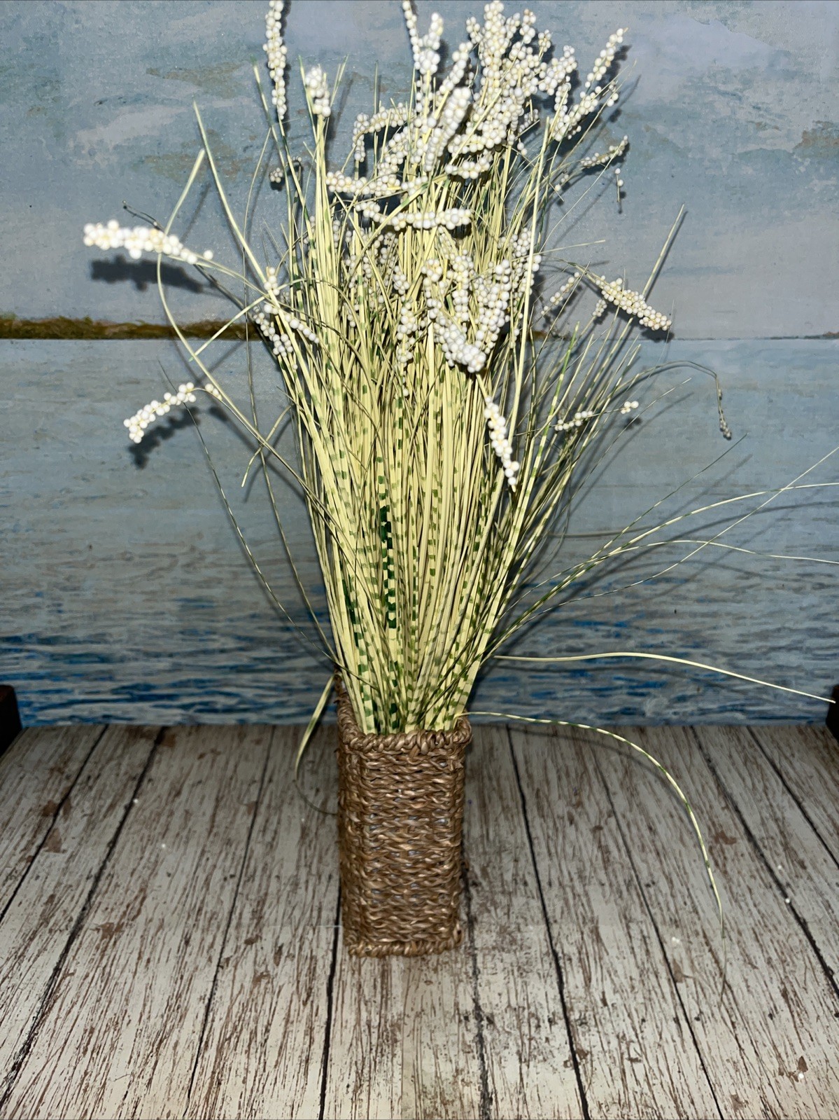 Artificial White Flowers in Woven Sea Grass Basket 4”x16” Green & Yellow Grass
