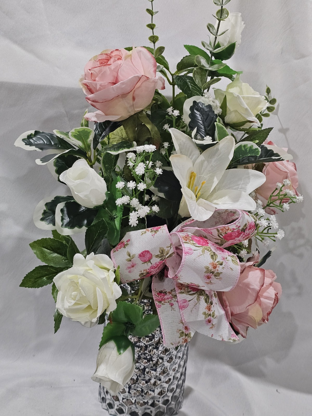 Pink Peoniesm, Roses and Lily Artificial Flowers with Baby Breath Accent