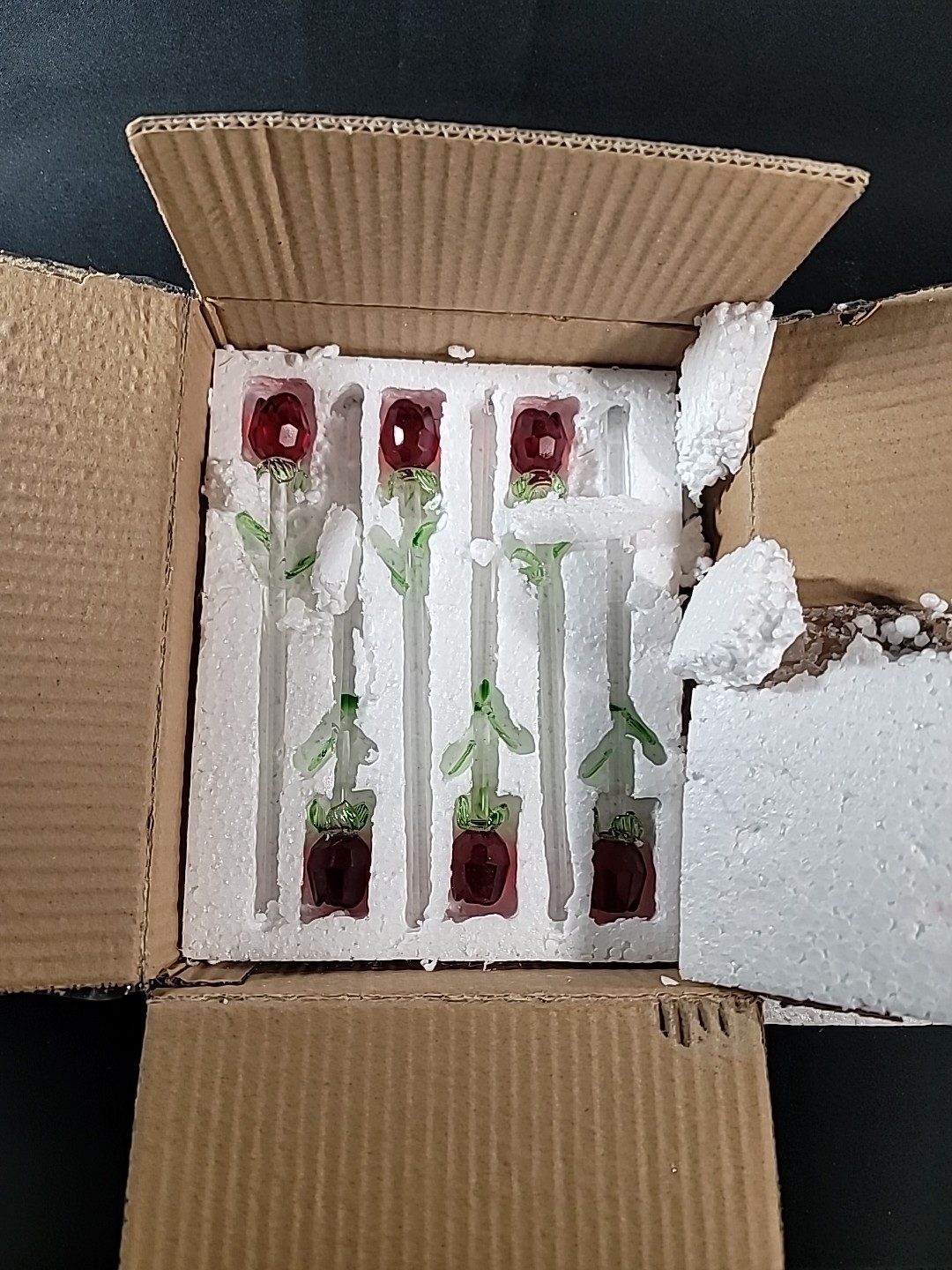Lot of 6 Crystal Glass Red Rose Clear Green Stem 8” One Broken Piece 4 Repair