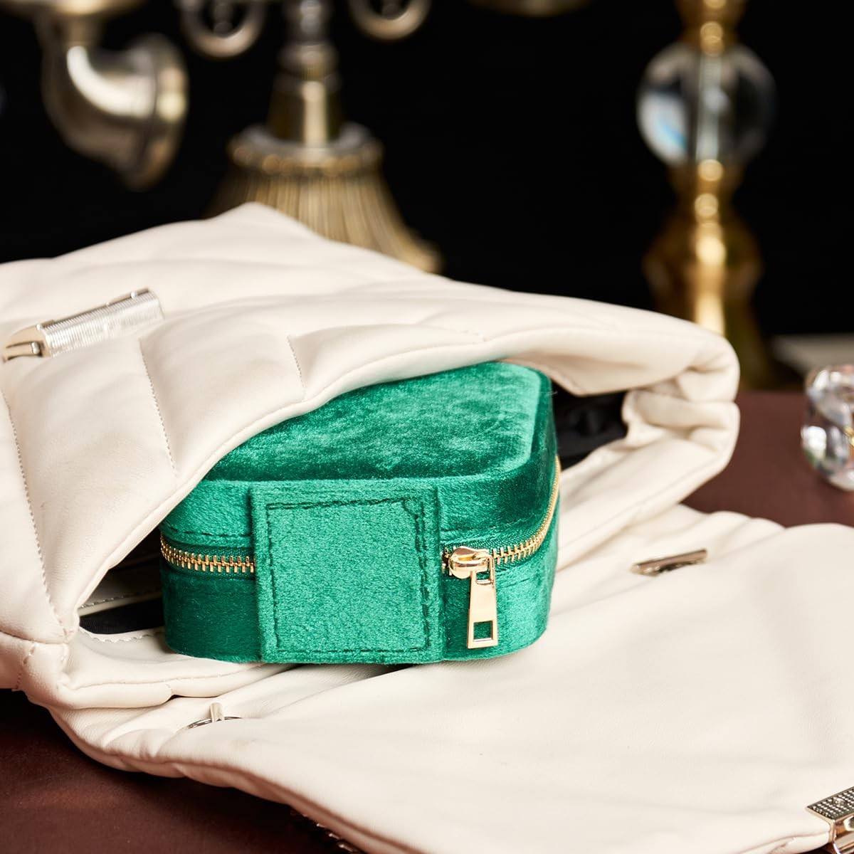 Travel Velvet Jewelry Box with Mirror, Mini Gifts Case for PlushVelvet-Green