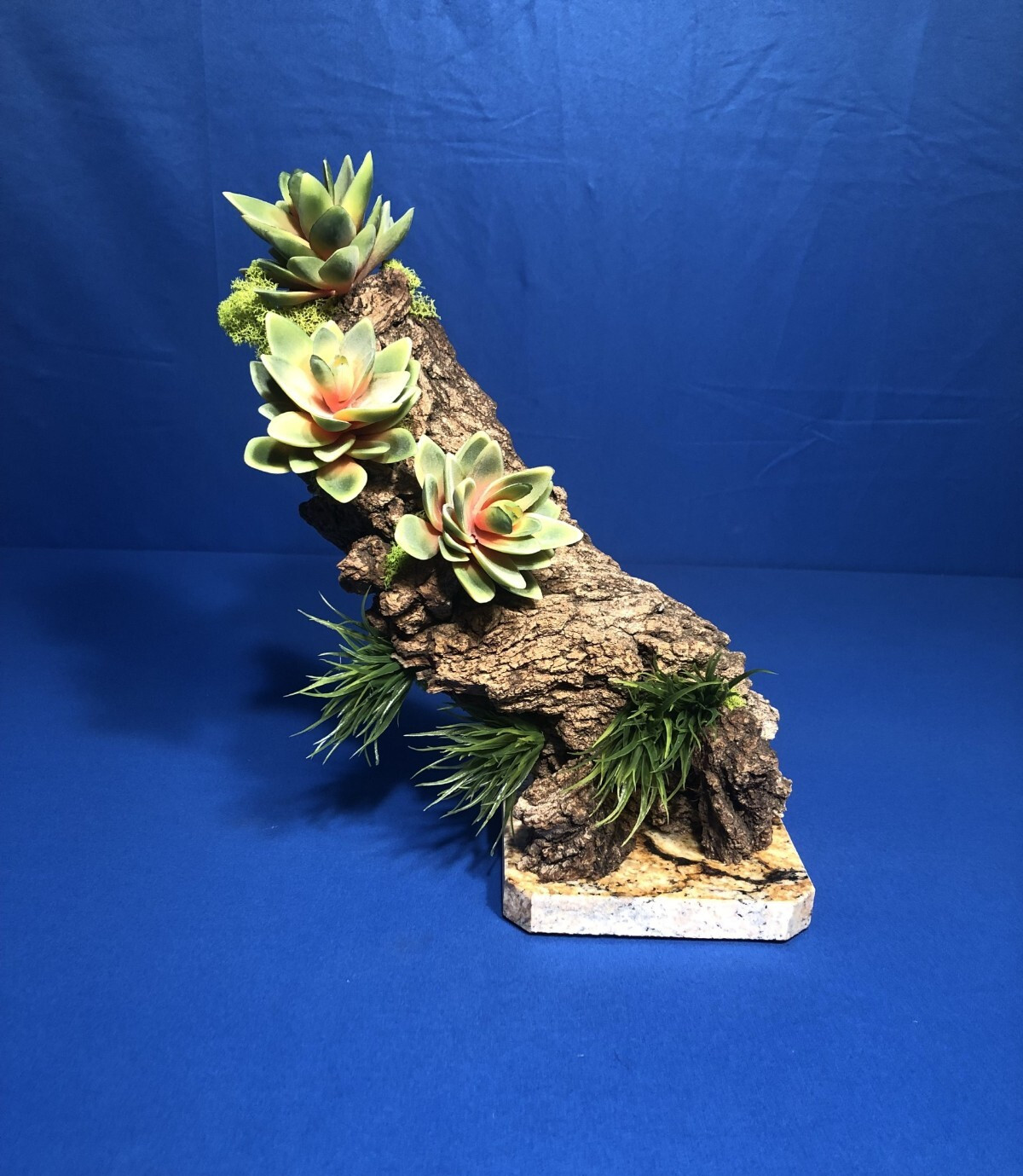 Artificial Succulent Air Plant Home Office Mounted on Real Wood Bark and Stone