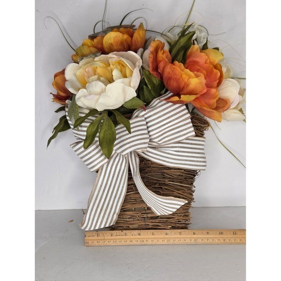 Ashland Fall Peony Floral Wall Hanging Grapevine Straw Basket Farmhouse Country