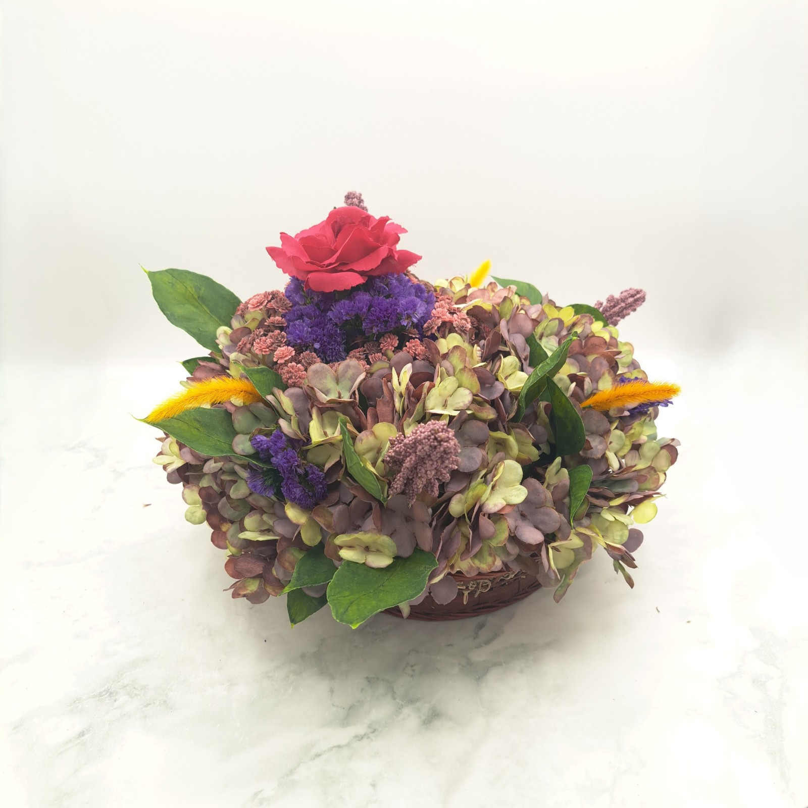 Handmade Hydrangea & Rose Dried/Silk Flower Arrangement w/ Vintage Basket