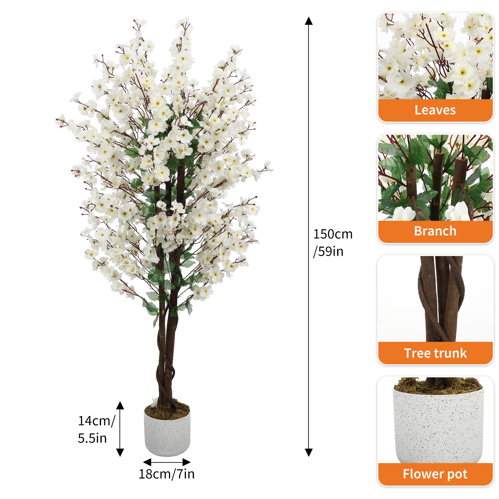 5FT Artificial Wintersweet Tree w/White Flowers Faux Blooming Tree in Pot Decor