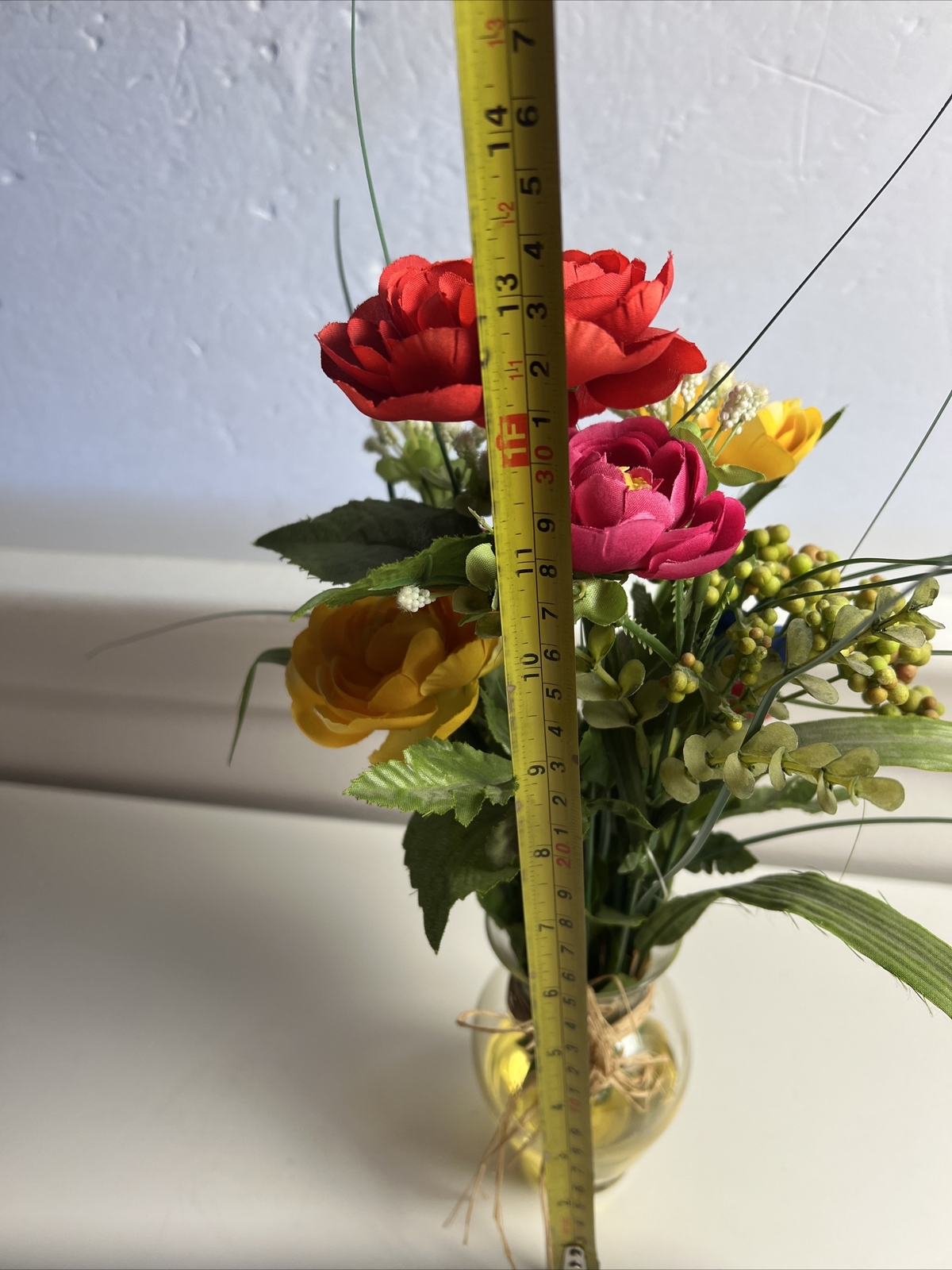 Artificial 13” Tall Flowers in Clear Glass Vase Liquid Illusion