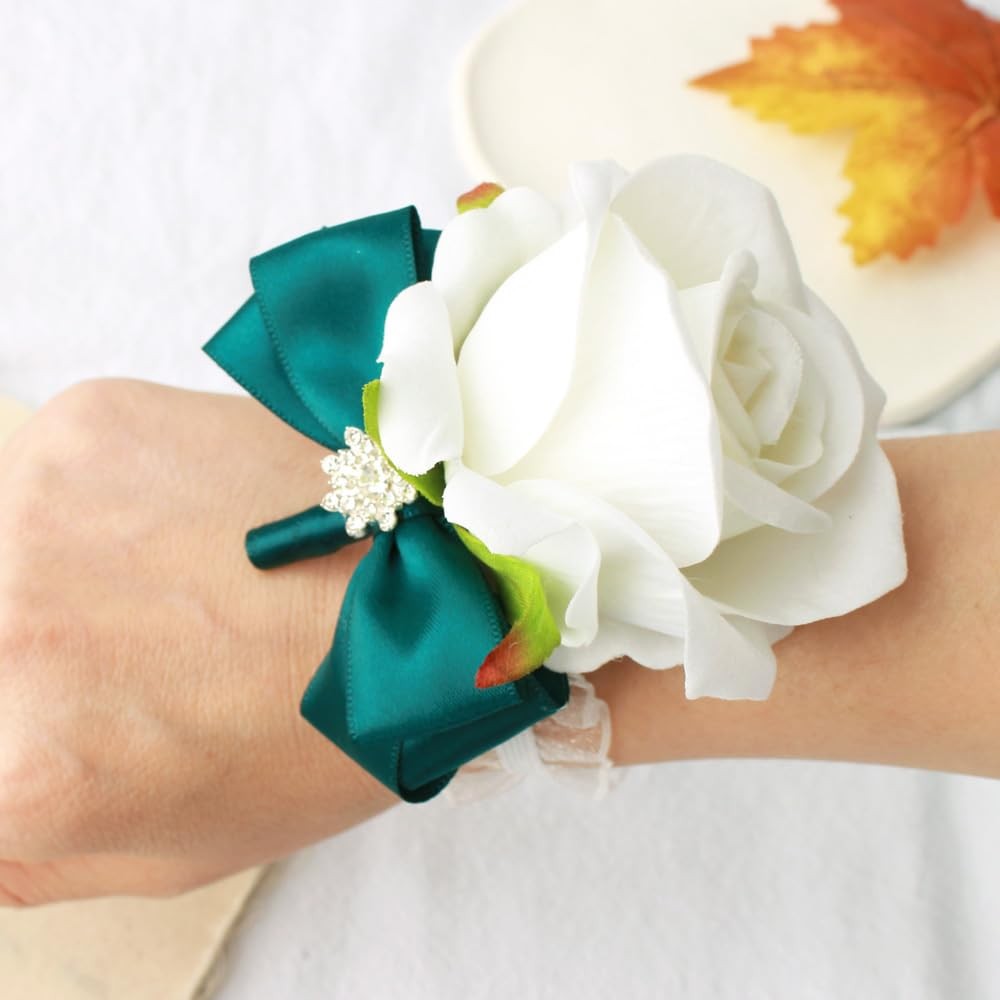 2 PCS Wrist Corsage Rose Boutonniere Set Bride Groom Prom Green White