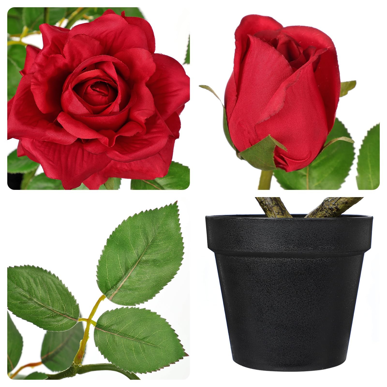 Artificial Rose Flowers Potted Plant – 17.7″ Small Fake Red Roses Tree with B…