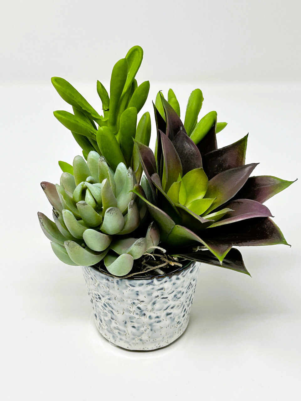 Mini 6″ Artificial Purple & Green mixed Succulent Garden #13, Blue Stone Ceramic
