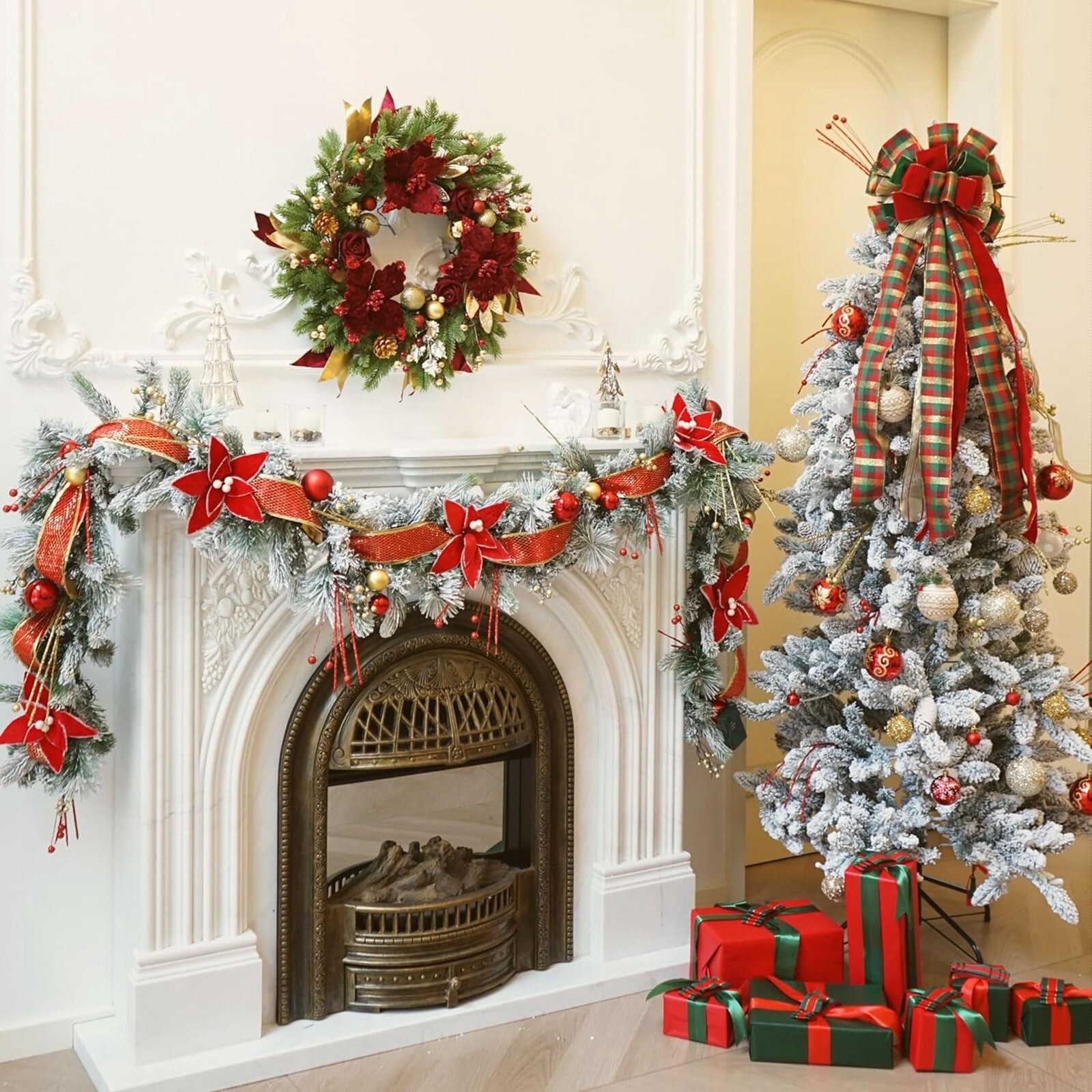 Festive Seasonal Wreath for Front Door or Porch, Rose and Flower, Artificial