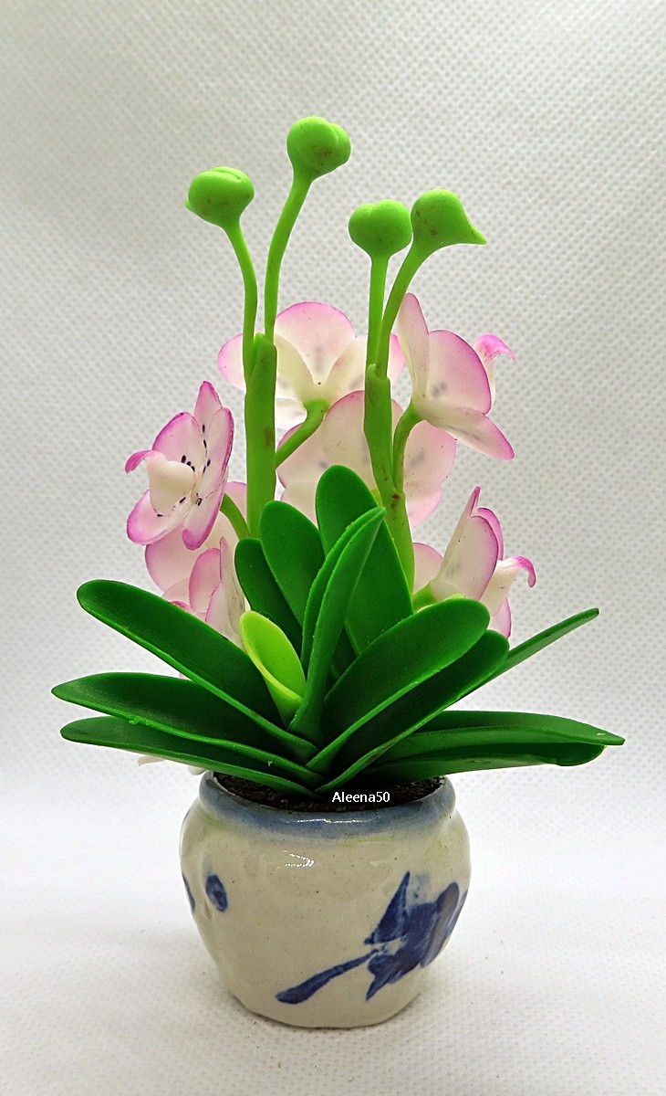 US Stock 5″H Handmade Air-Dry-Clay Miniature Dendrobium Orchid Arrangement