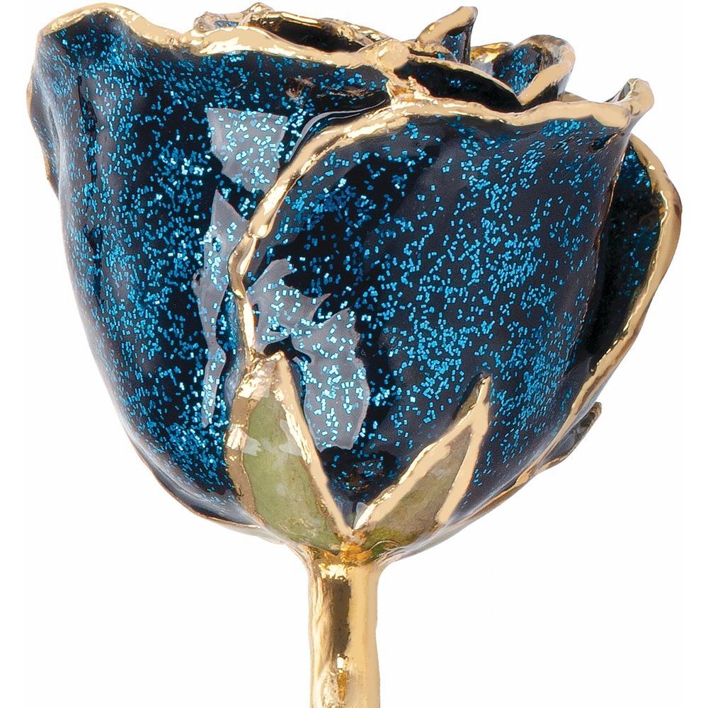 24k Gold Dipped Sparkle Blue Lacquer Real Rose Valentine’s Day Holiday Gift