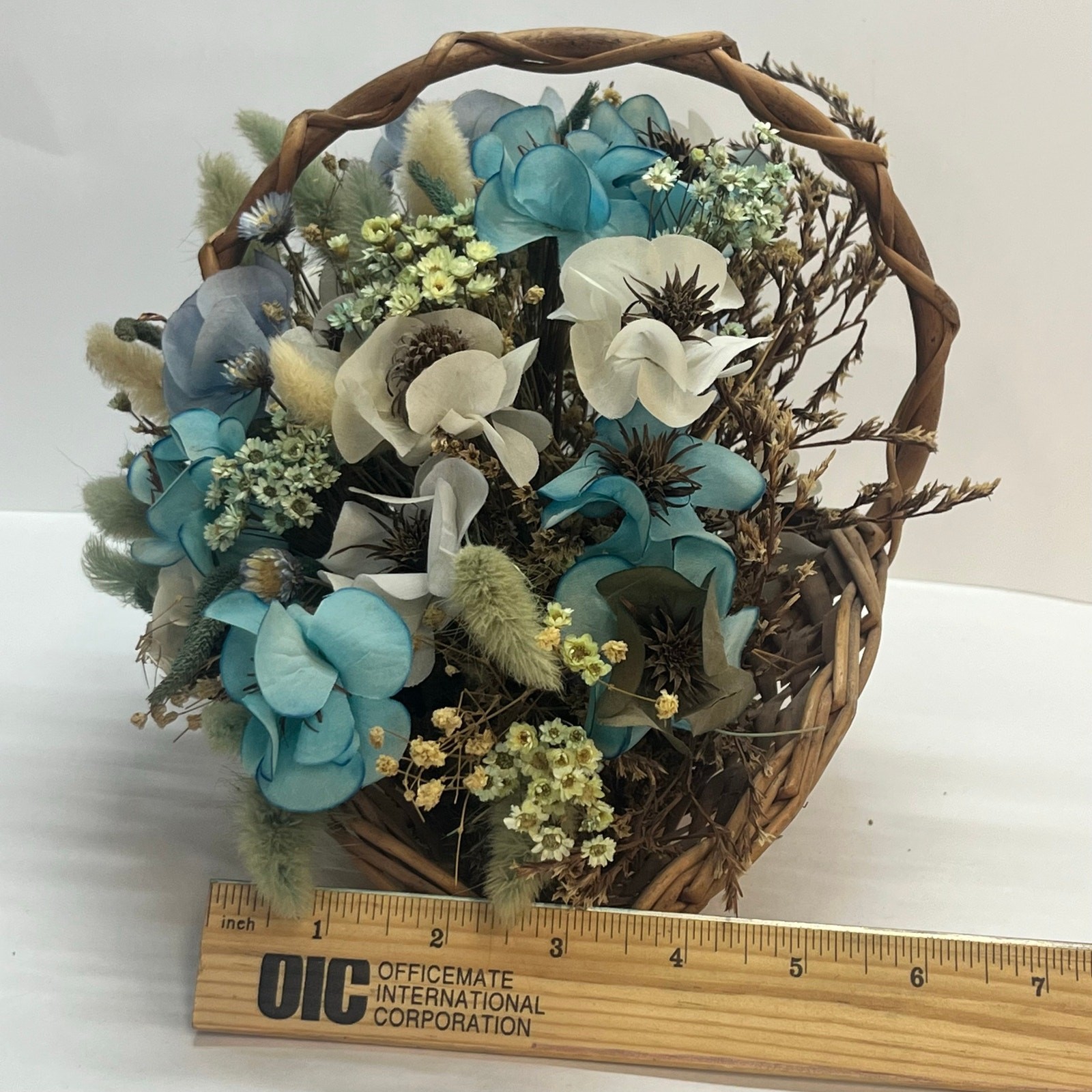 Blue and White Floral Arrangement in Woven Wicker Basket Rustic Centerpiece