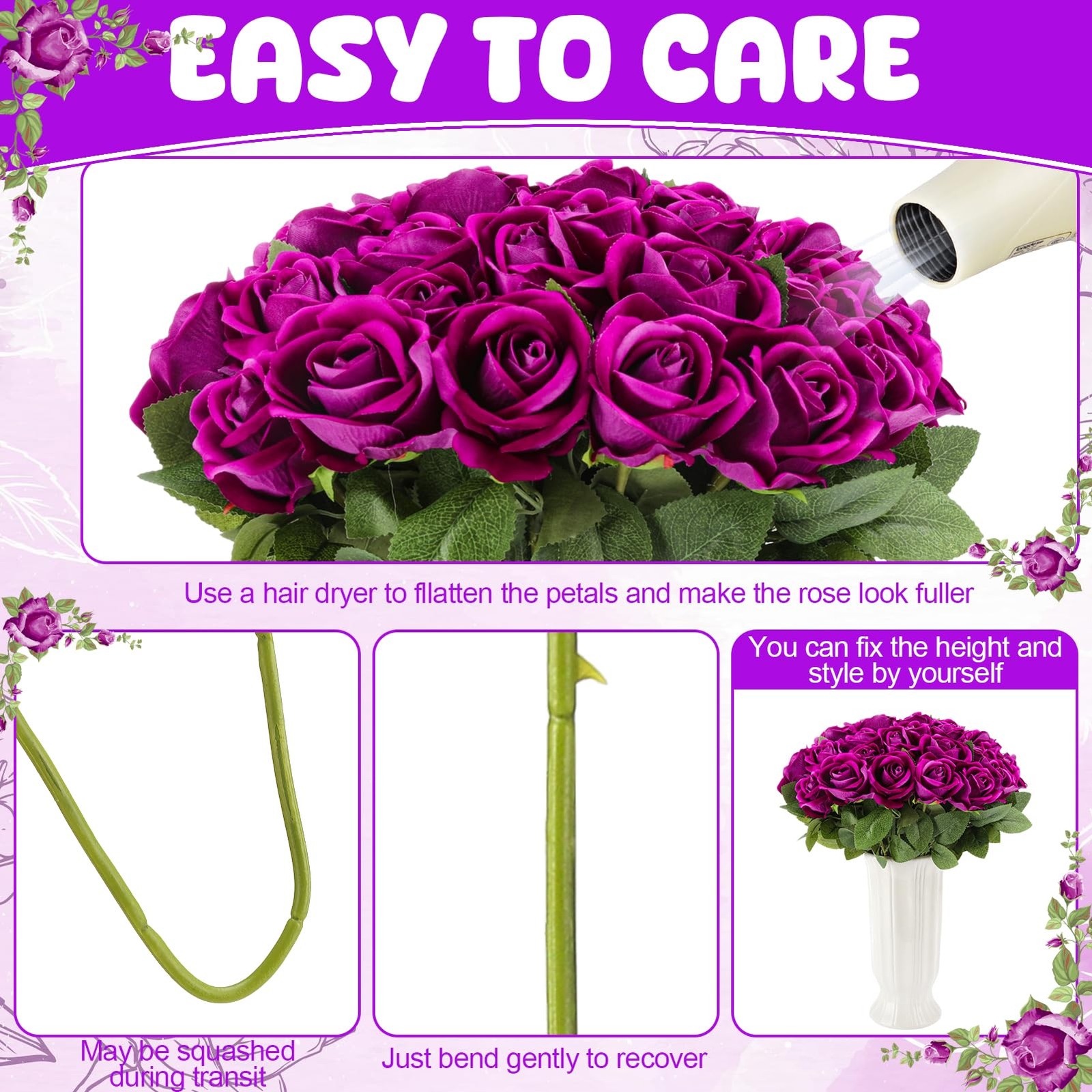 Hoemwarm 36 Pcs Dark Purple Velvet Artificial Flowers, Realistic Fake Roses B…
