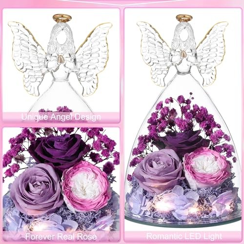 Christmas Rose Gifts for Women Preserved Real Flower in Glass Colorful Purple