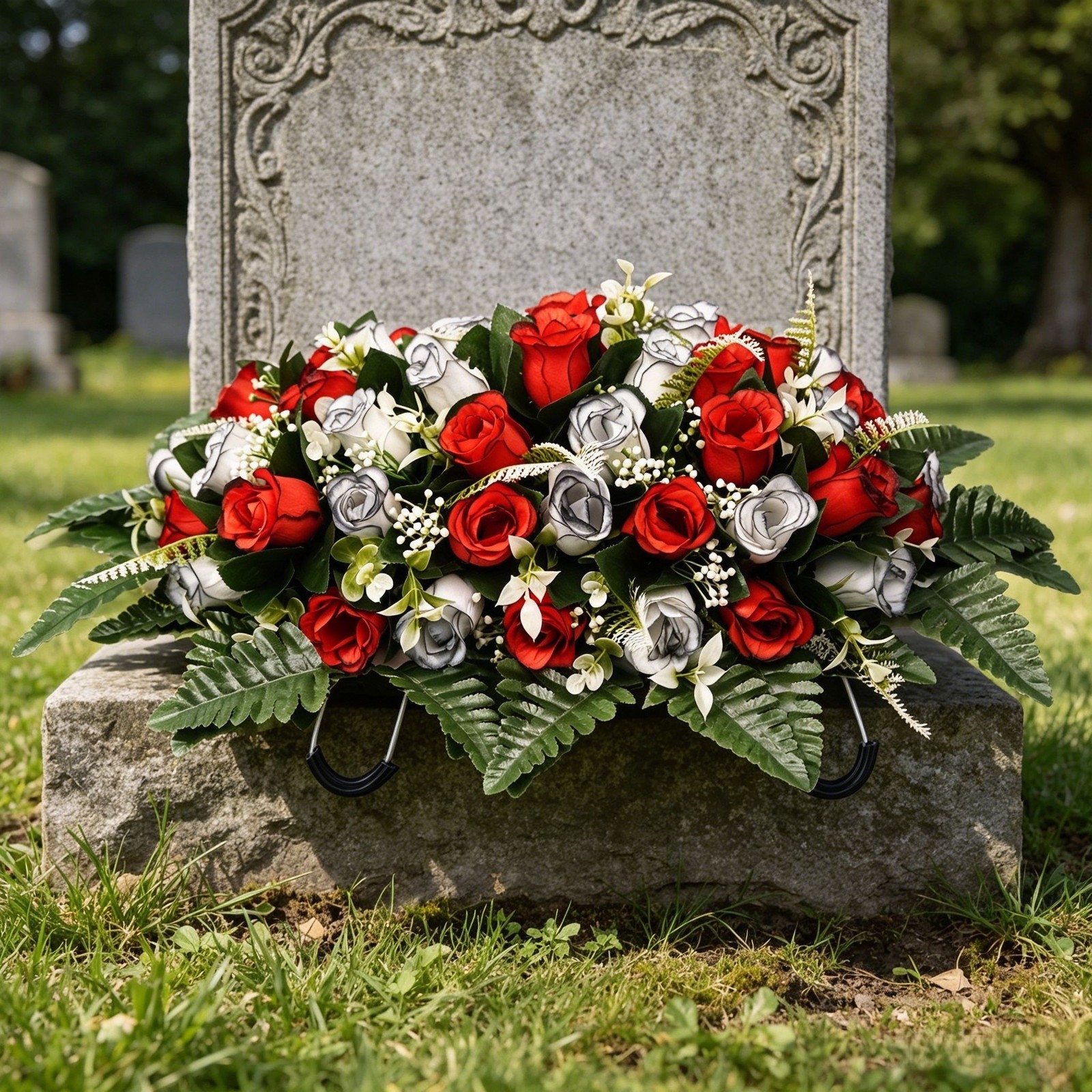 Flat Grave Marker Saddle Flower with Sturdy Metal Hooks and Silk Roses
