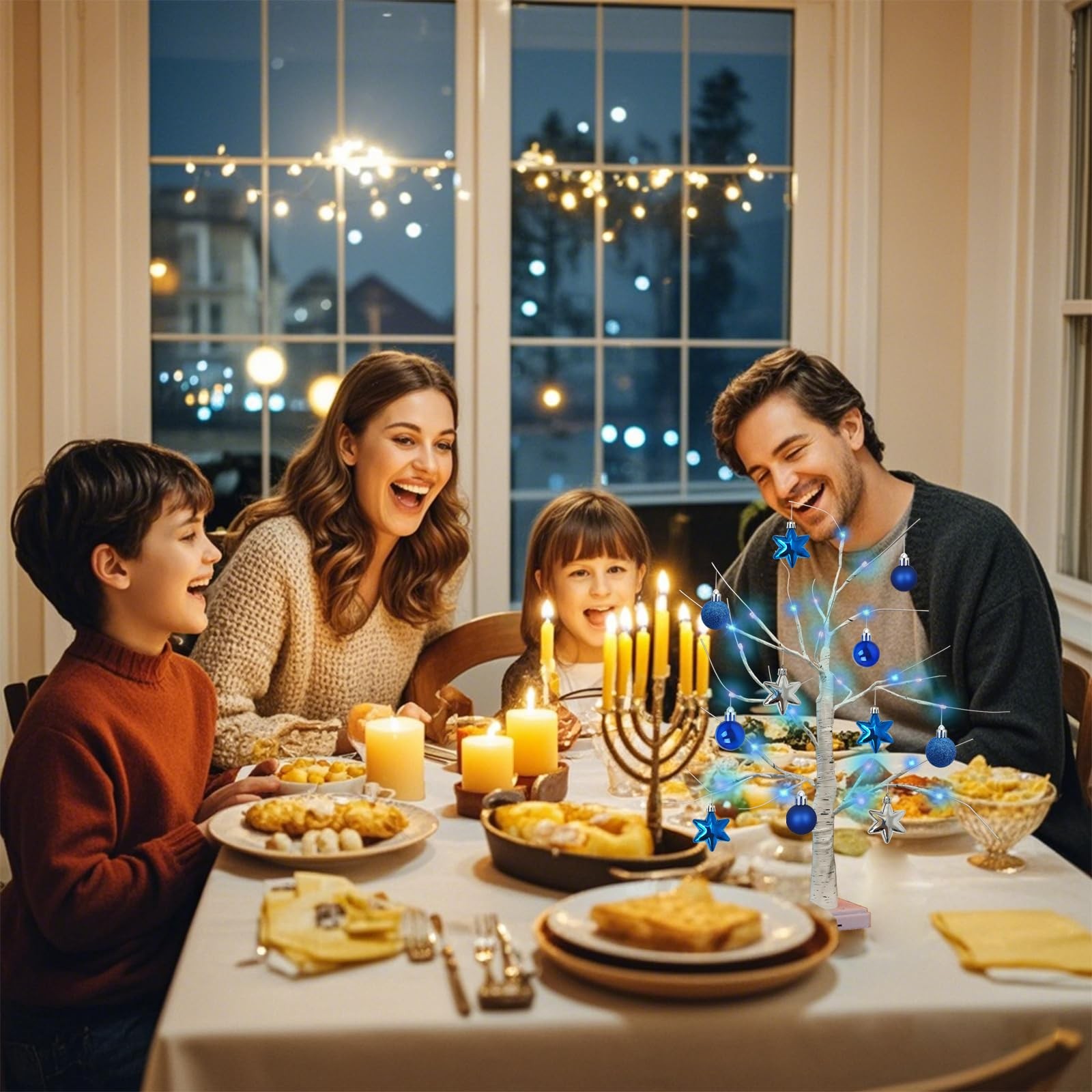 24 Inch Hanukkah LED Menorah Tree Lights, 24 Blue Star Lights, USB/Battery Op…