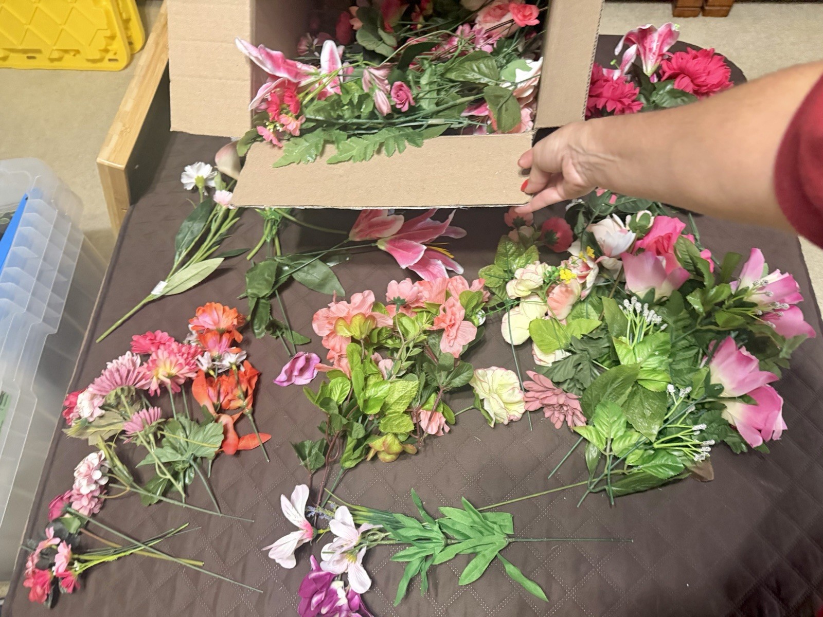 Large Lot / Box of Miscellaneous Artificial Silk Flowers – Pink Shades