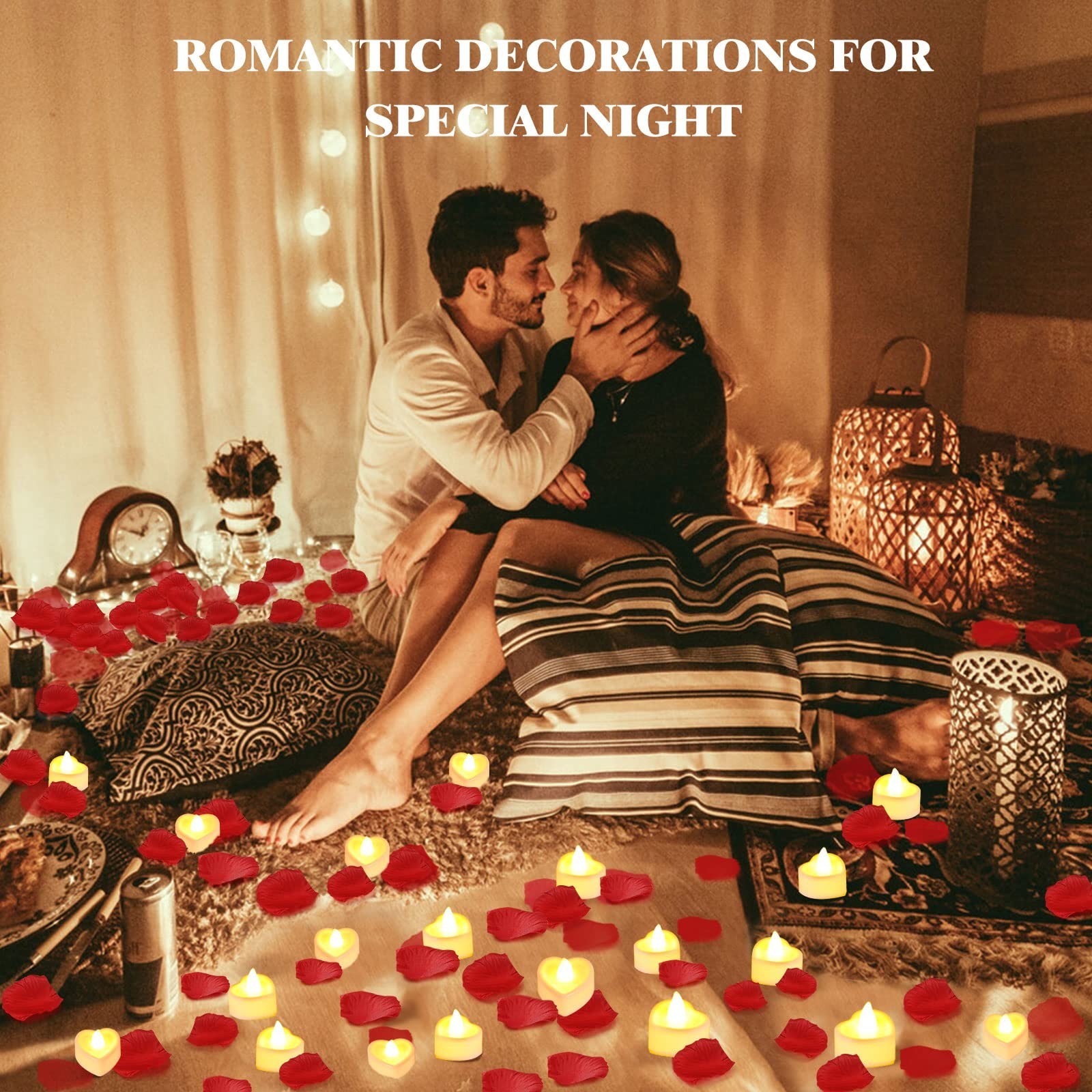 3000 Pcs Rose Petals & 48 Flameless LED Tea Light Candles Set for Weddings & Val