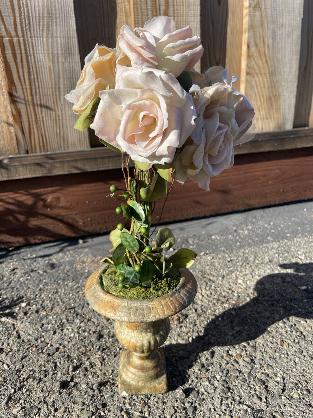 Artificial Rose Topiary Floral Arrangement Urn Vase 20 in Pink Beige Green