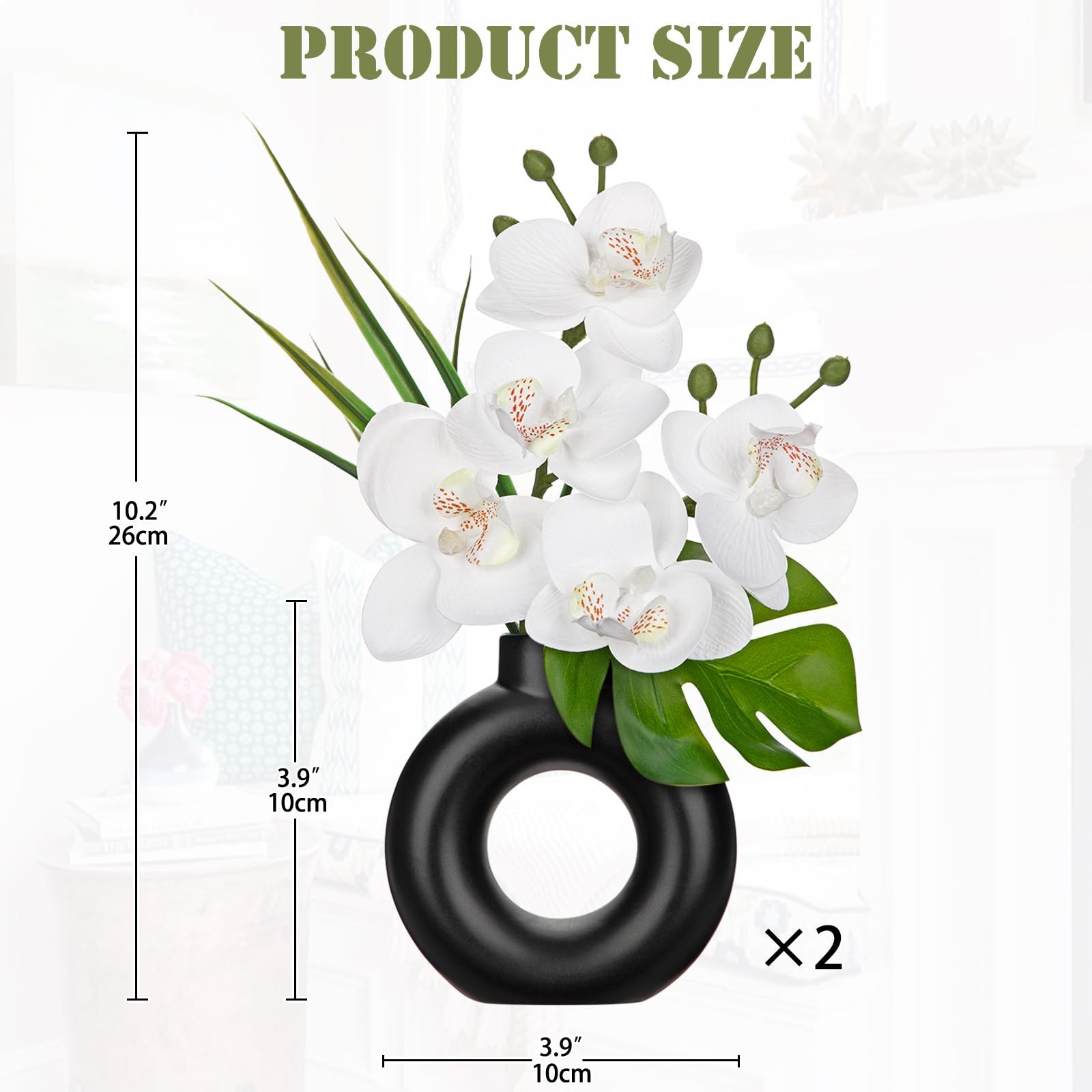 2 PCS White Artificial Orchid Silk Flowers In Black Pot Home Table Centerpiece