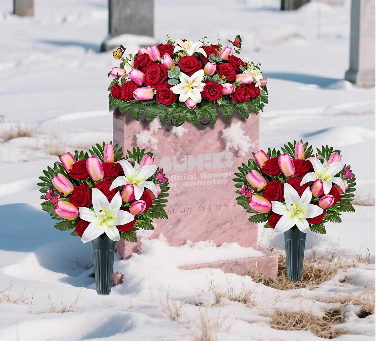Realistic Silk Cemetery Flowers – Pink Tulip, White Lily, Red Rose Saddle Decor