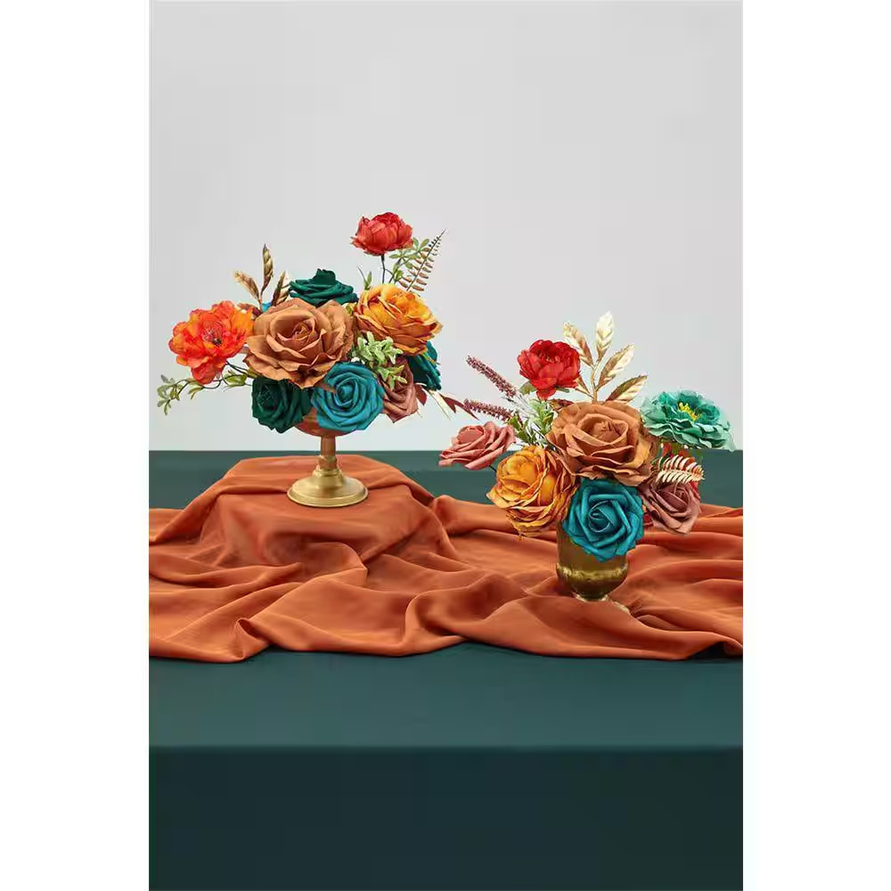 5 In. H Burnt Orange and Teal Artificial Silk Mixed Flowers for Wedding Party Ho