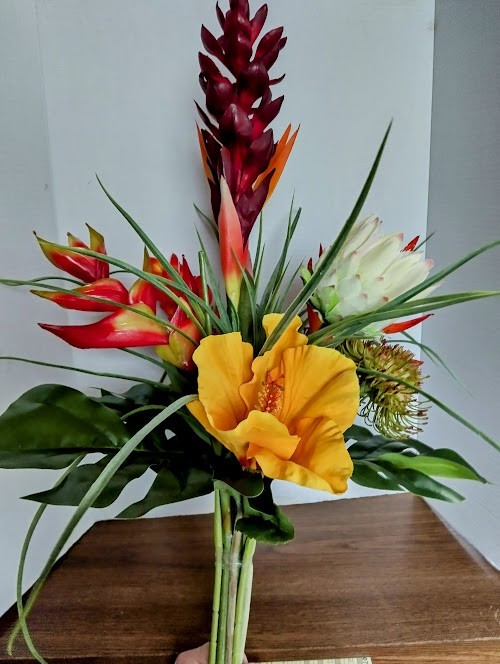 Artificial tropical floral vase arrangement
